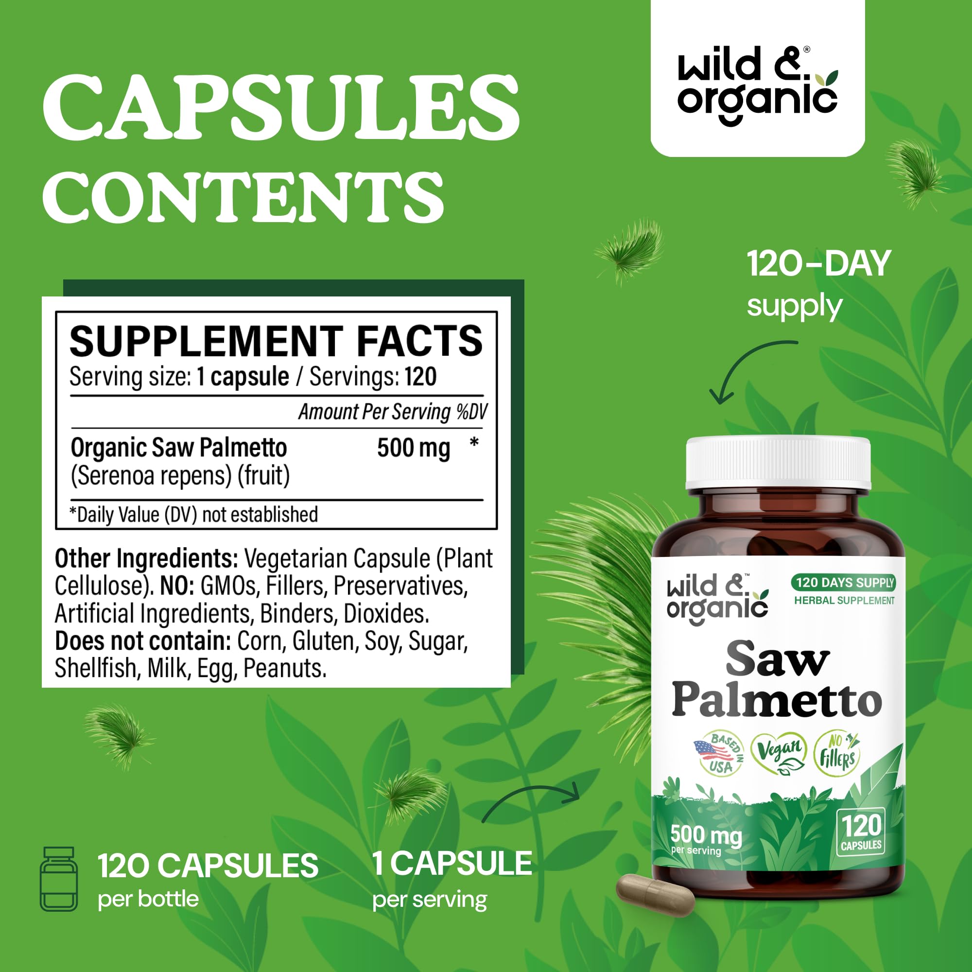 Wild & Organic Saw Palmetto Capsules 500mg side view