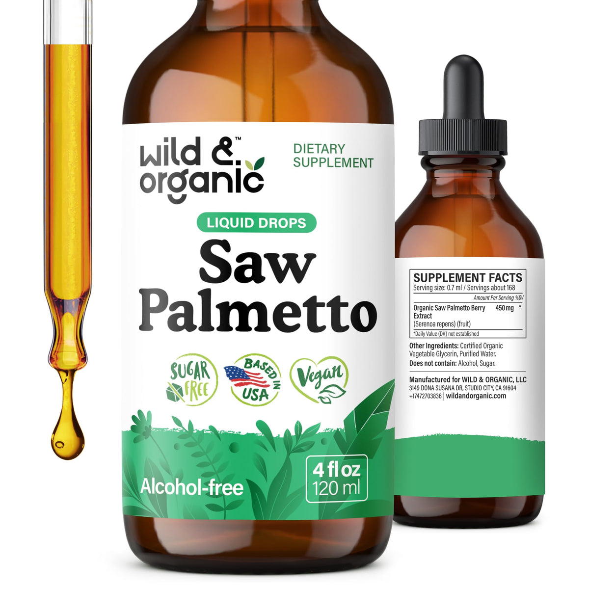 Wild & Organic Saw Palmetto Tincture 450mg front view