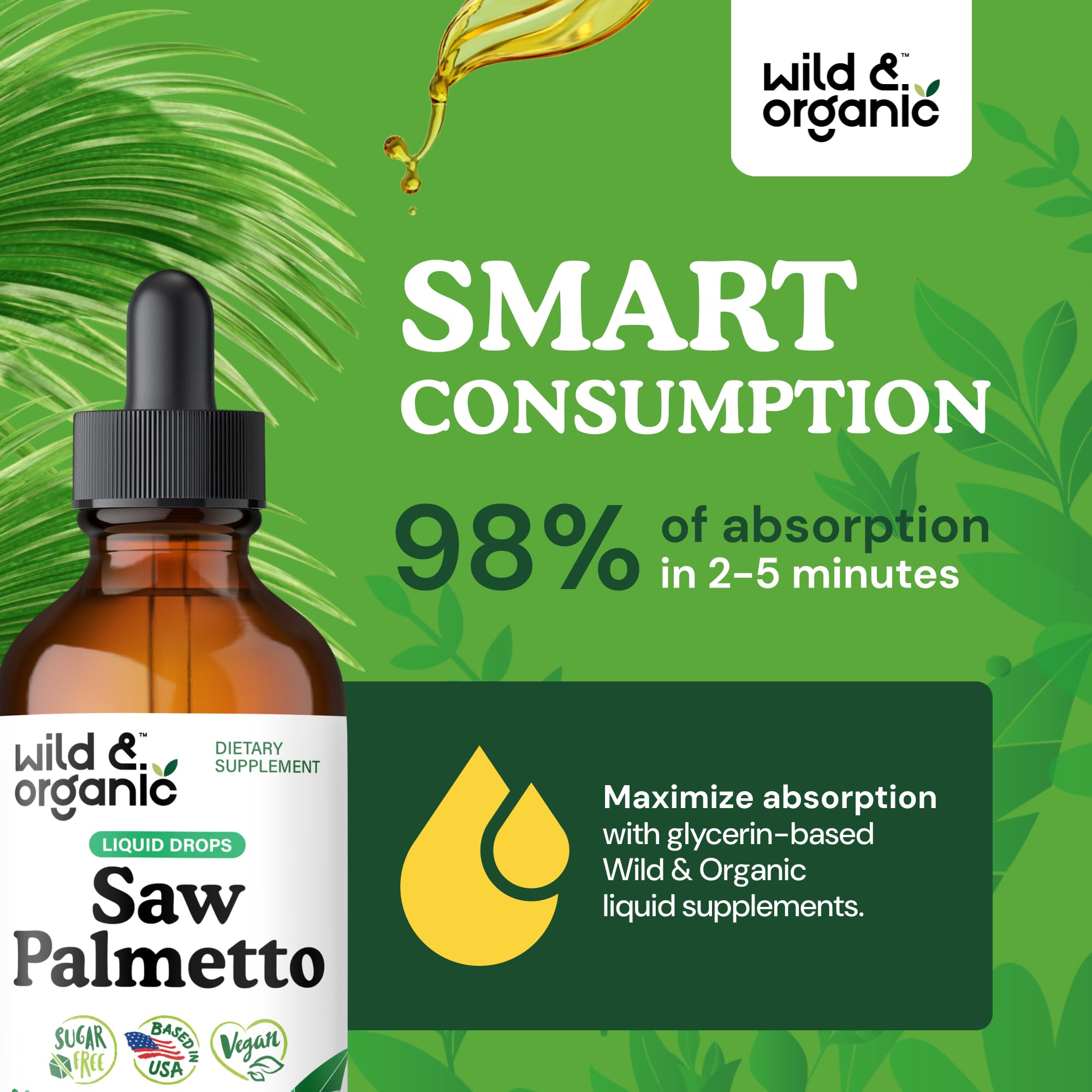 Wild & Organic Saw Palmetto Tincture 450mg with measuring dropper