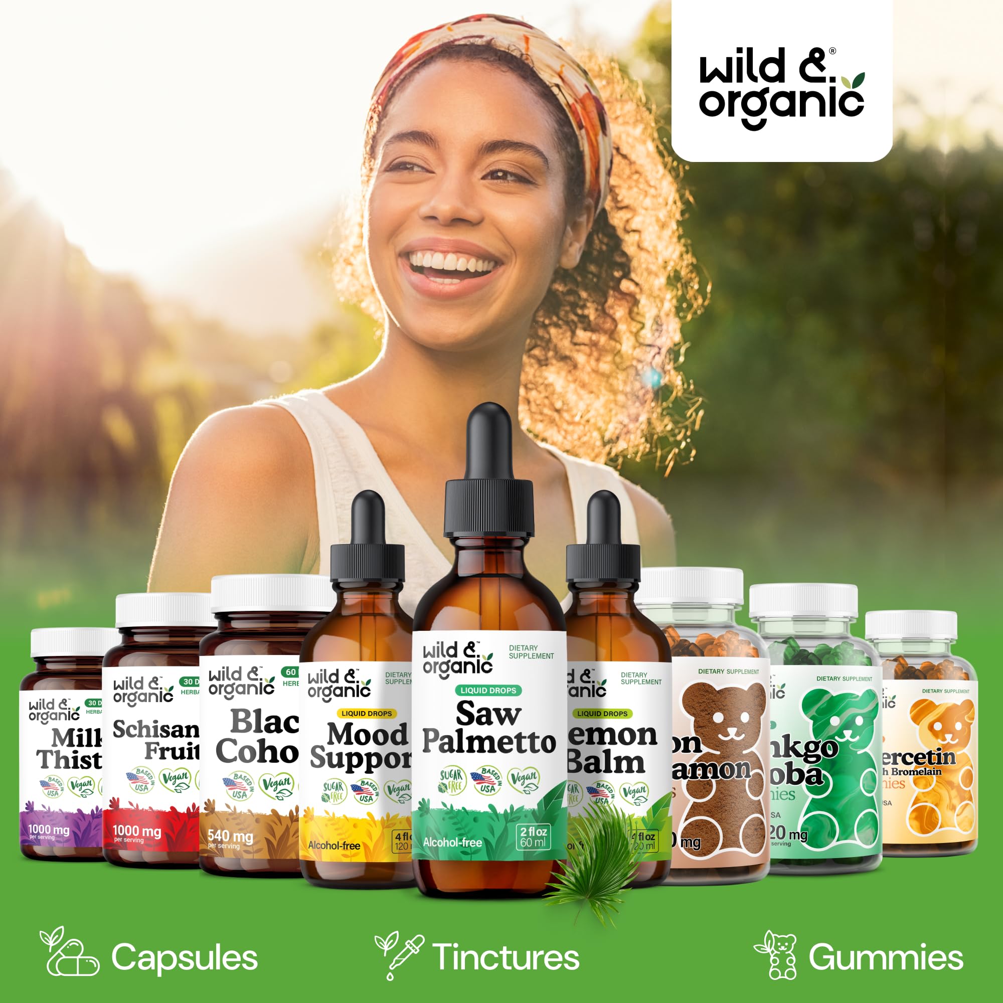 Wild & Organic Saw Palmetto Tincture on wooden table
