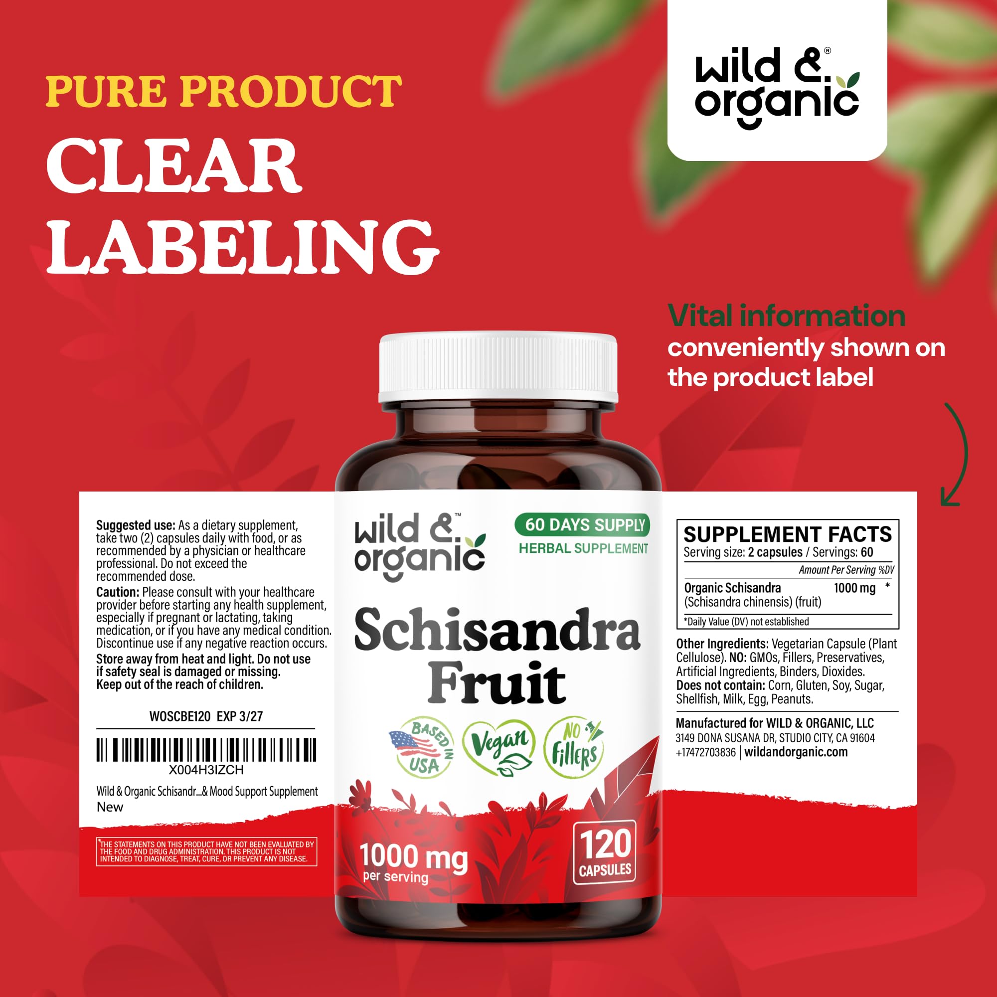 Wild & Organic Schisandra Capsules 1000 mg on a wooden surface