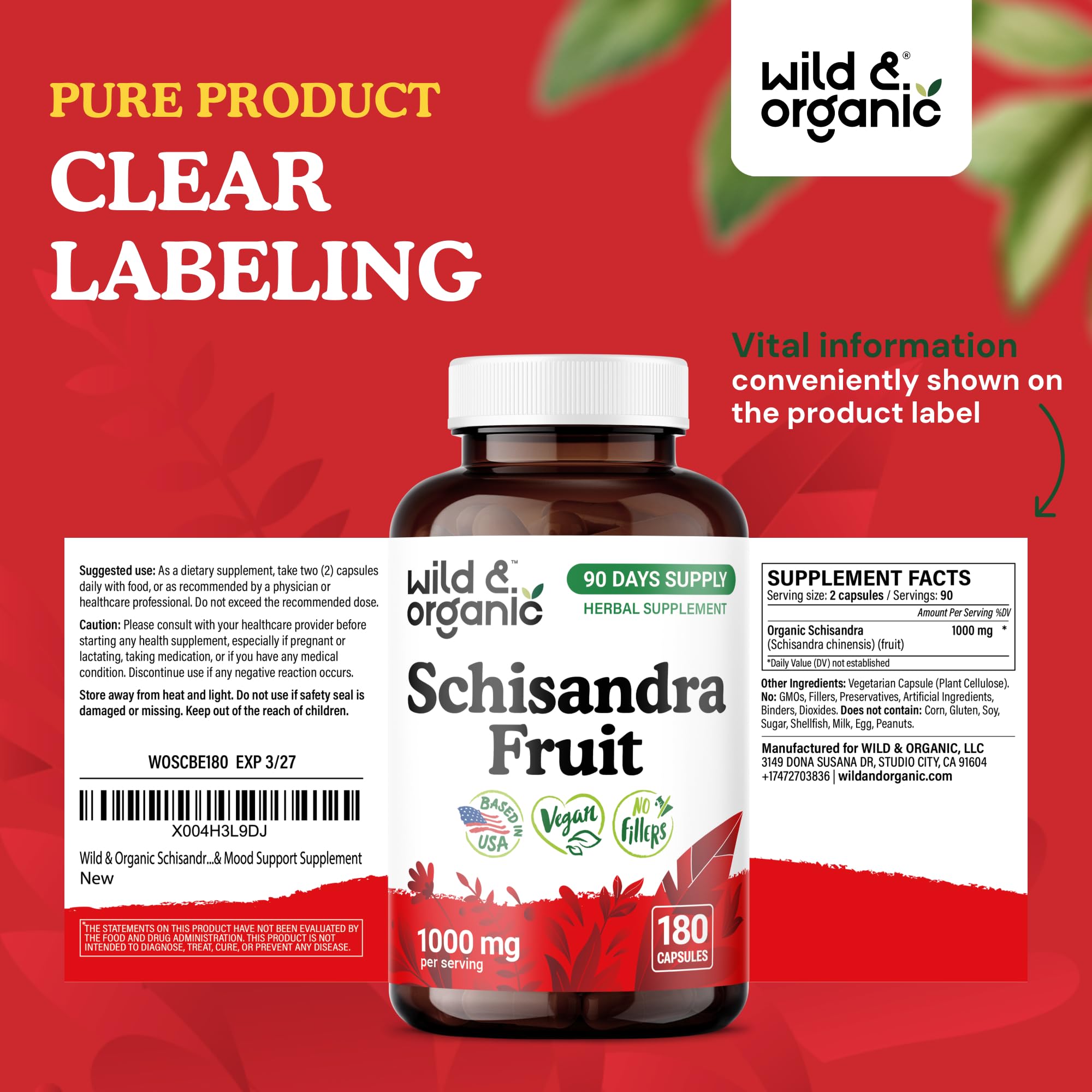 Wild & Organic Schisandra Capsules 1000 mg packaging details