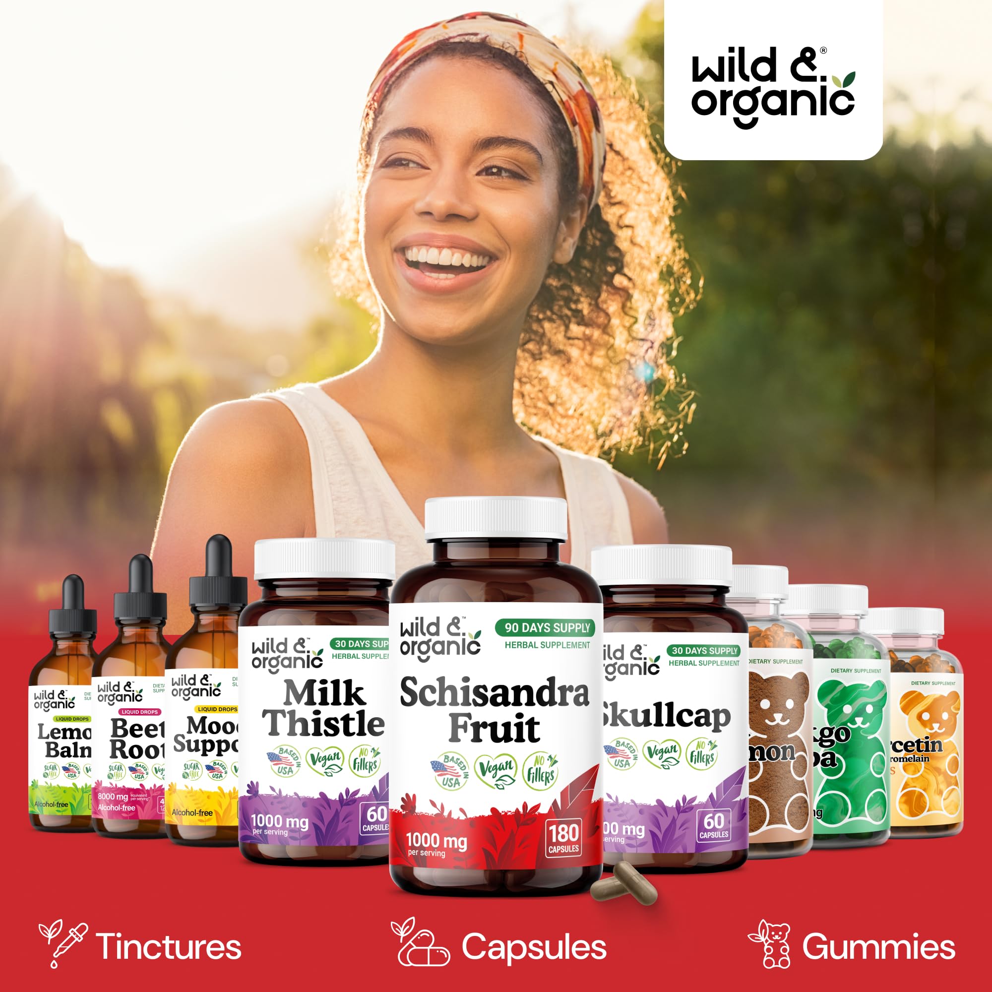Wild & Organic Schisandra Capsules 1000 mg with a plant background