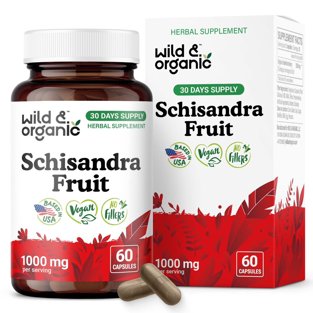 Wild & Organic Schisandra Capsules 1000mg front view
