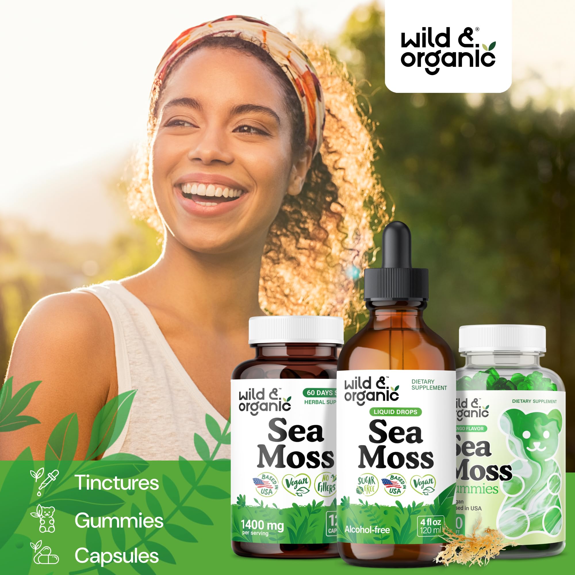 Wild & Organic Sea Moss Tincture packaging and bottle dimensions