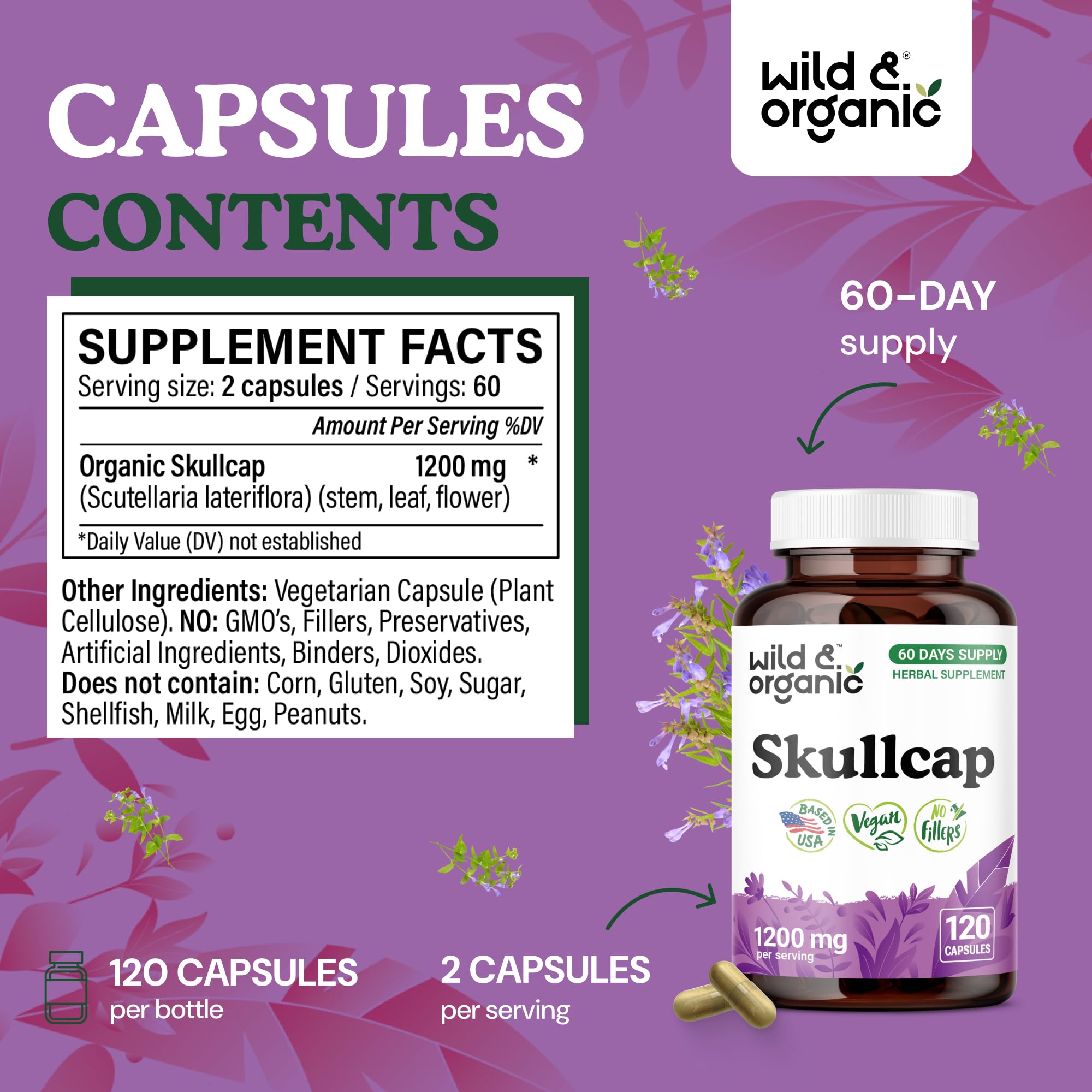 Wild & Organic Skullcap Capsules 1200 mg capsules close-up