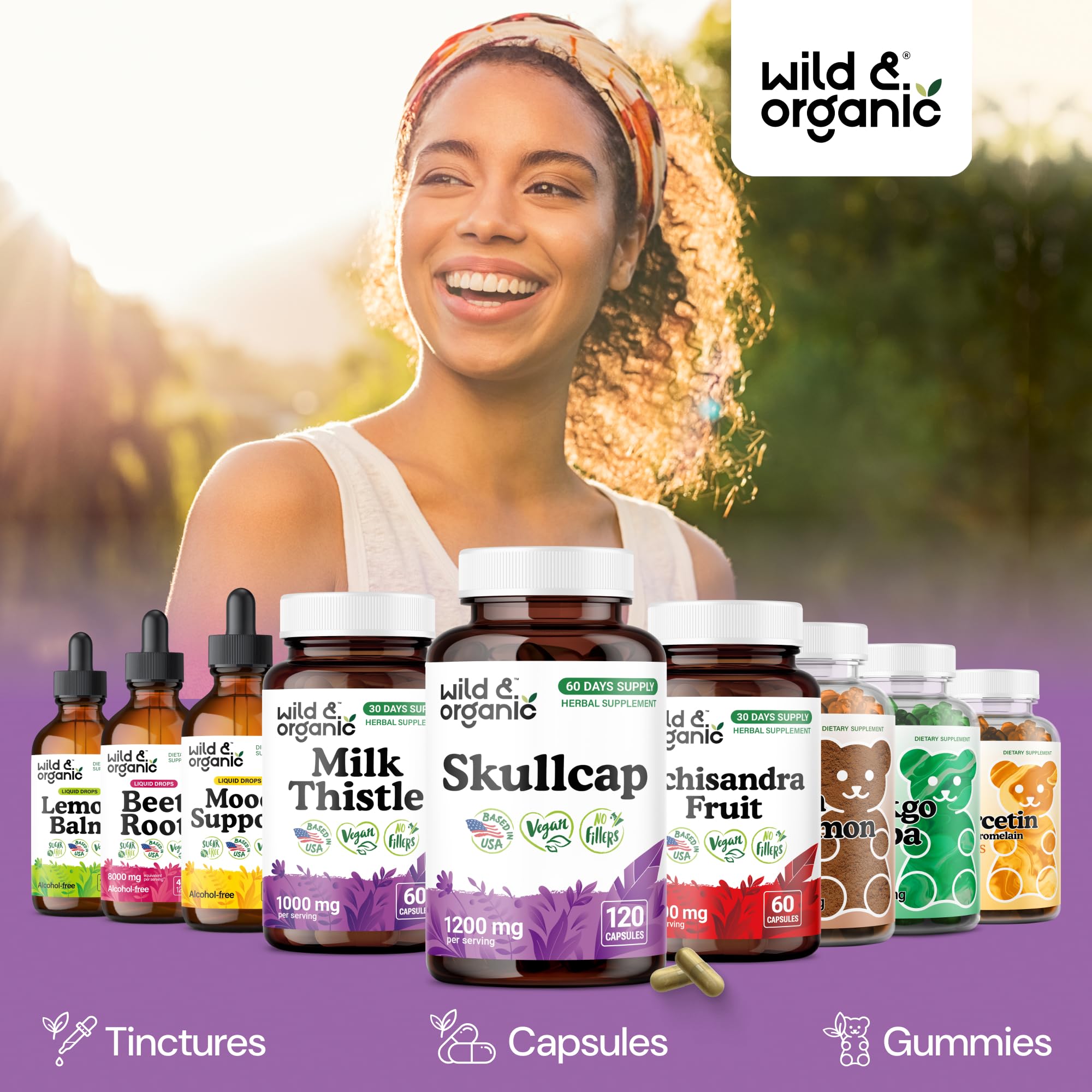 Wild & Organic Skullcap Capsules 1200 mg on a wooden surface