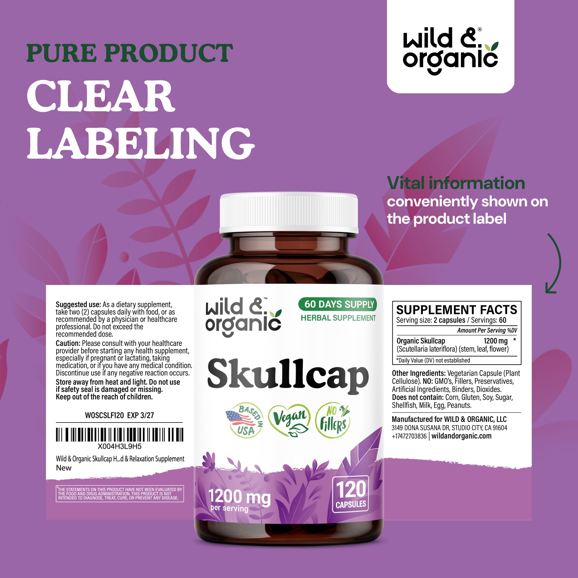 Wild & Organic Skullcap Capsules 1200 mg with a measuring spoon