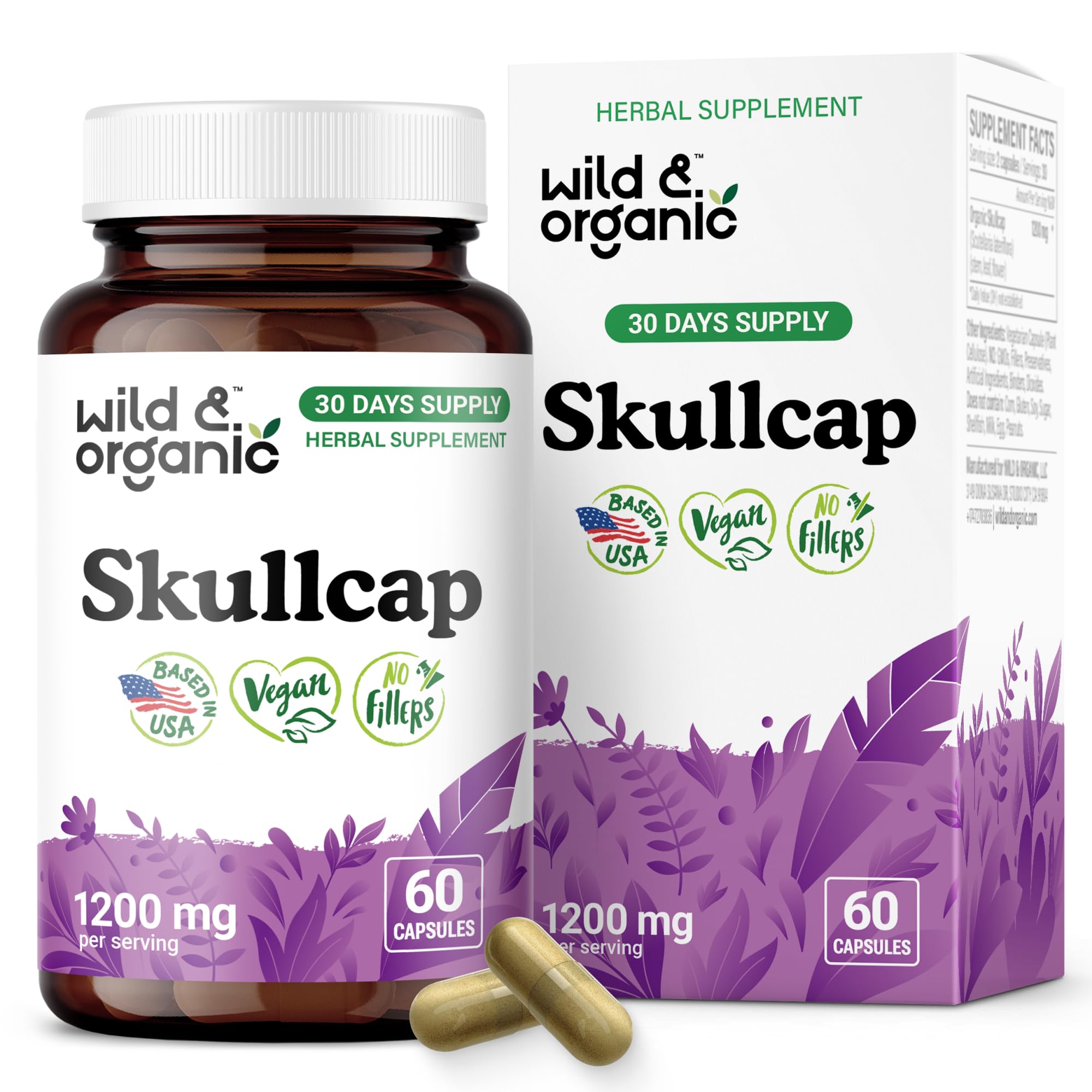 Wild & Organic Skullcap Herb Capsules 1200mg front view