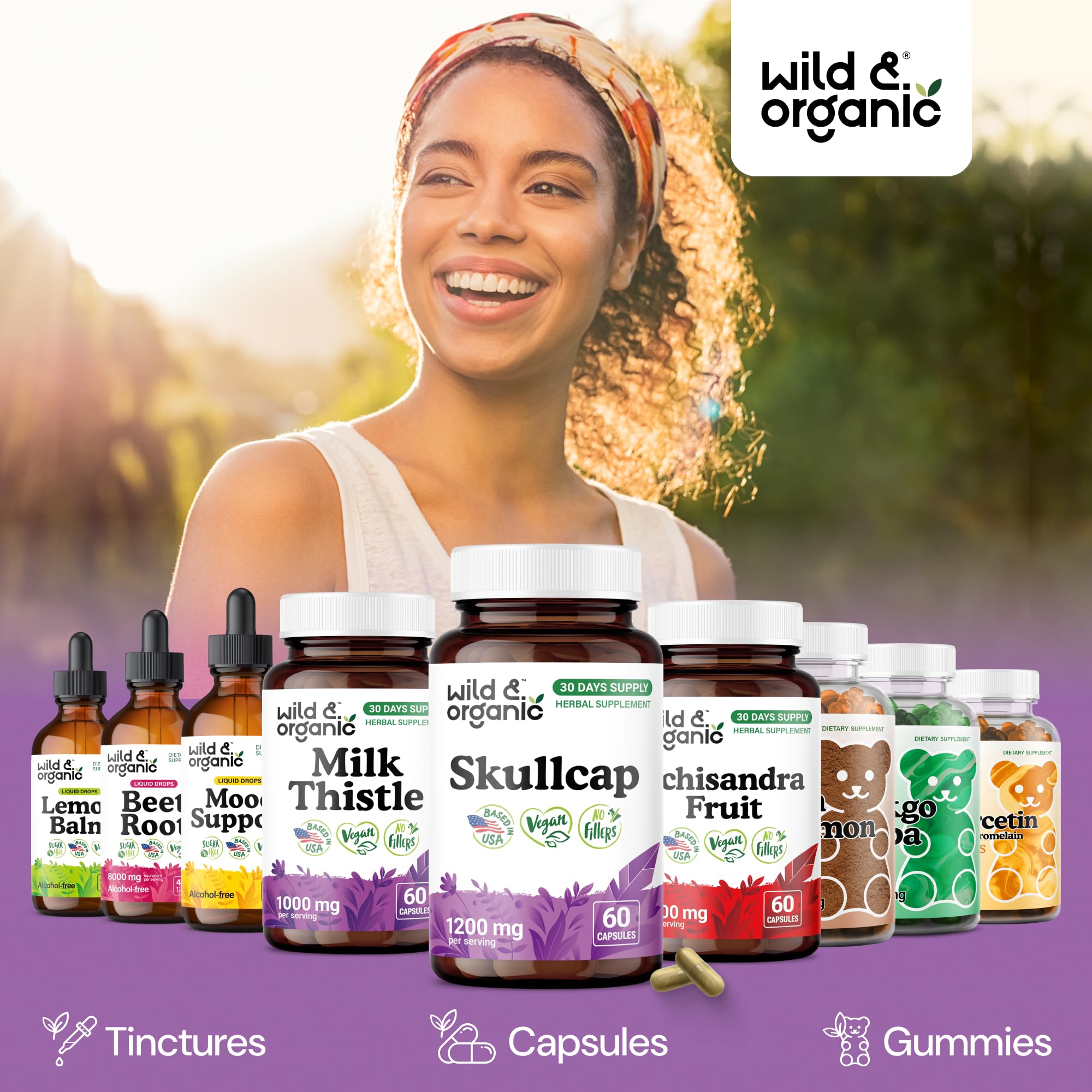 Wild & Organic Skullcap Herb Capsules 1200mg on wooden surface