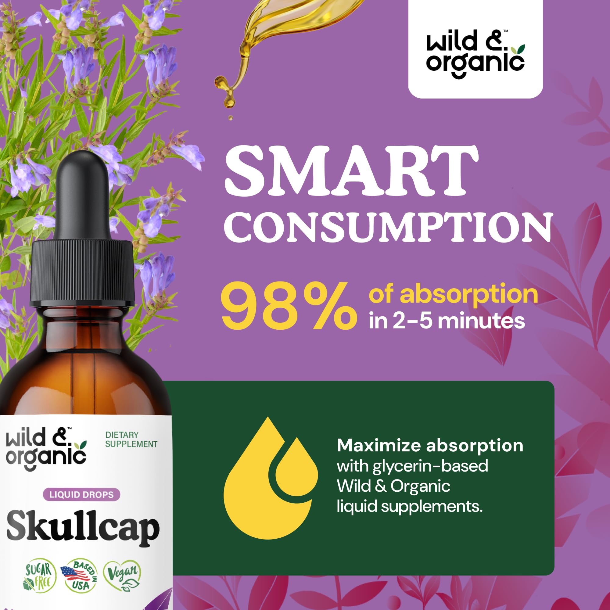 Wild & Organic Skullcap Tincture 500mg bottle with measuring dropper