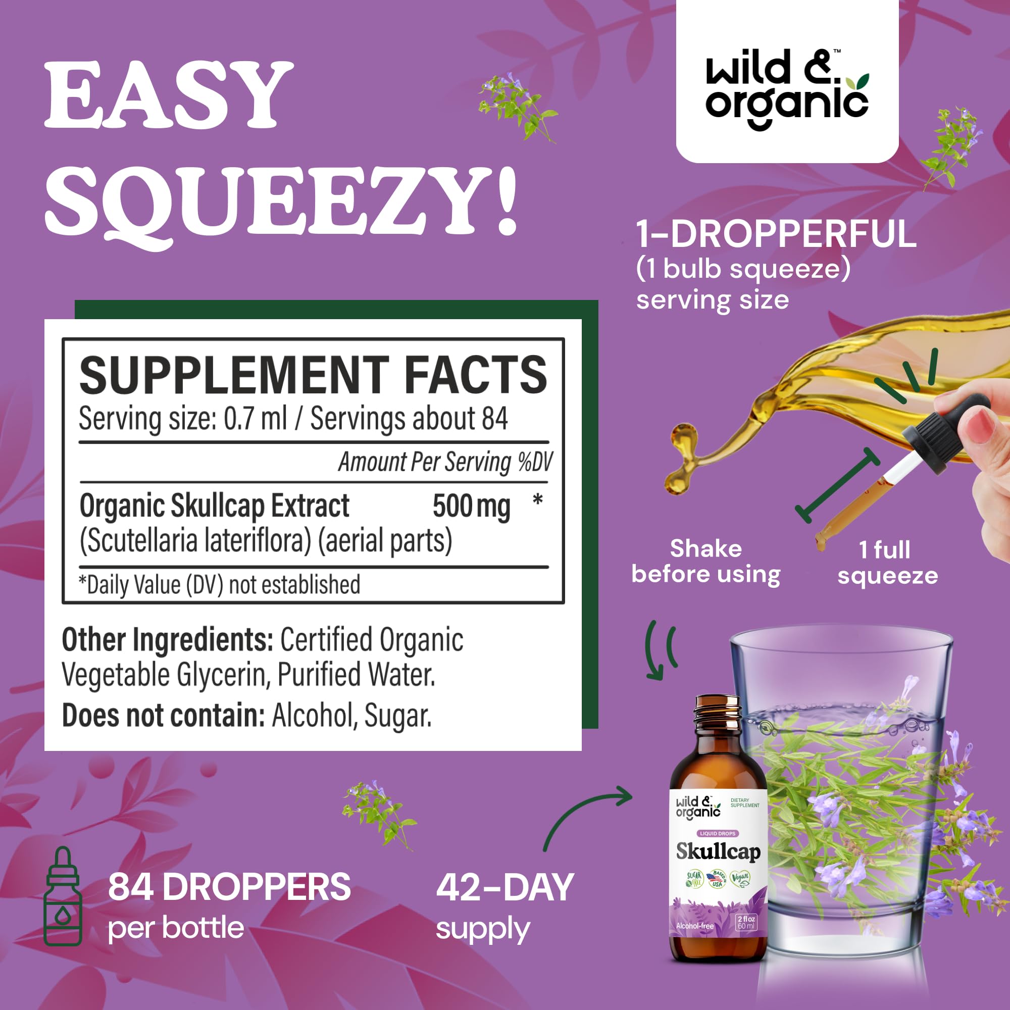 Wild & Organic Skullcap Tincture 500mg dropper top