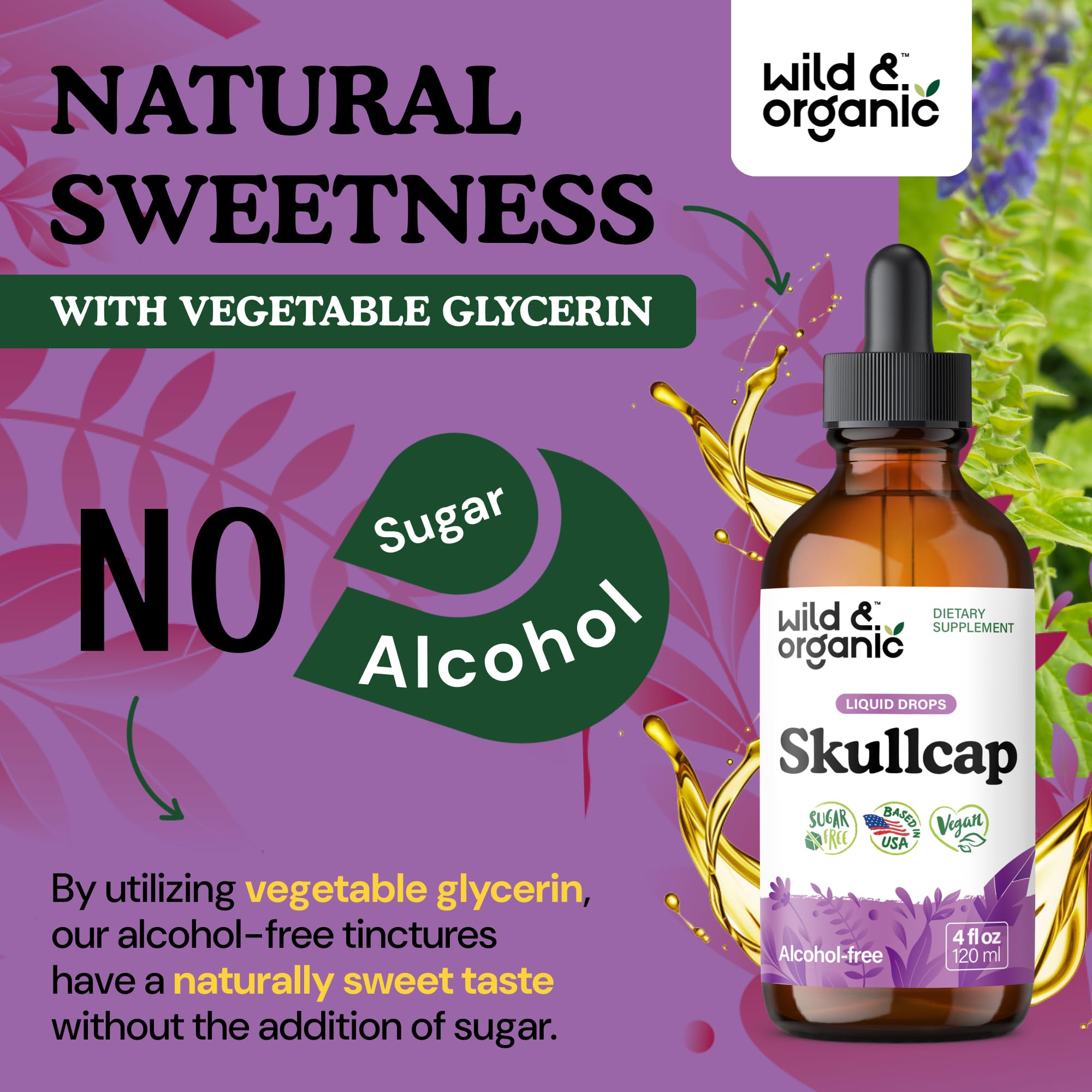 Wild & Organic Skullcap Tincture on a wooden table