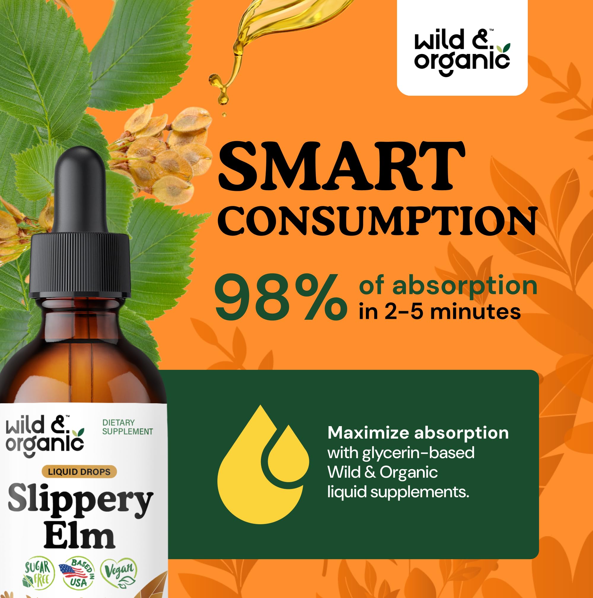 Wild & Organic Slippery Elm Tincture 680mg dropper close-up