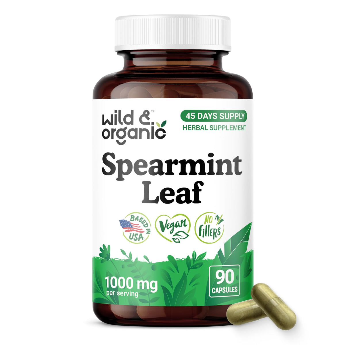 Wild & Organic Spearmint Leaf Capsules 1000mg bottle front view