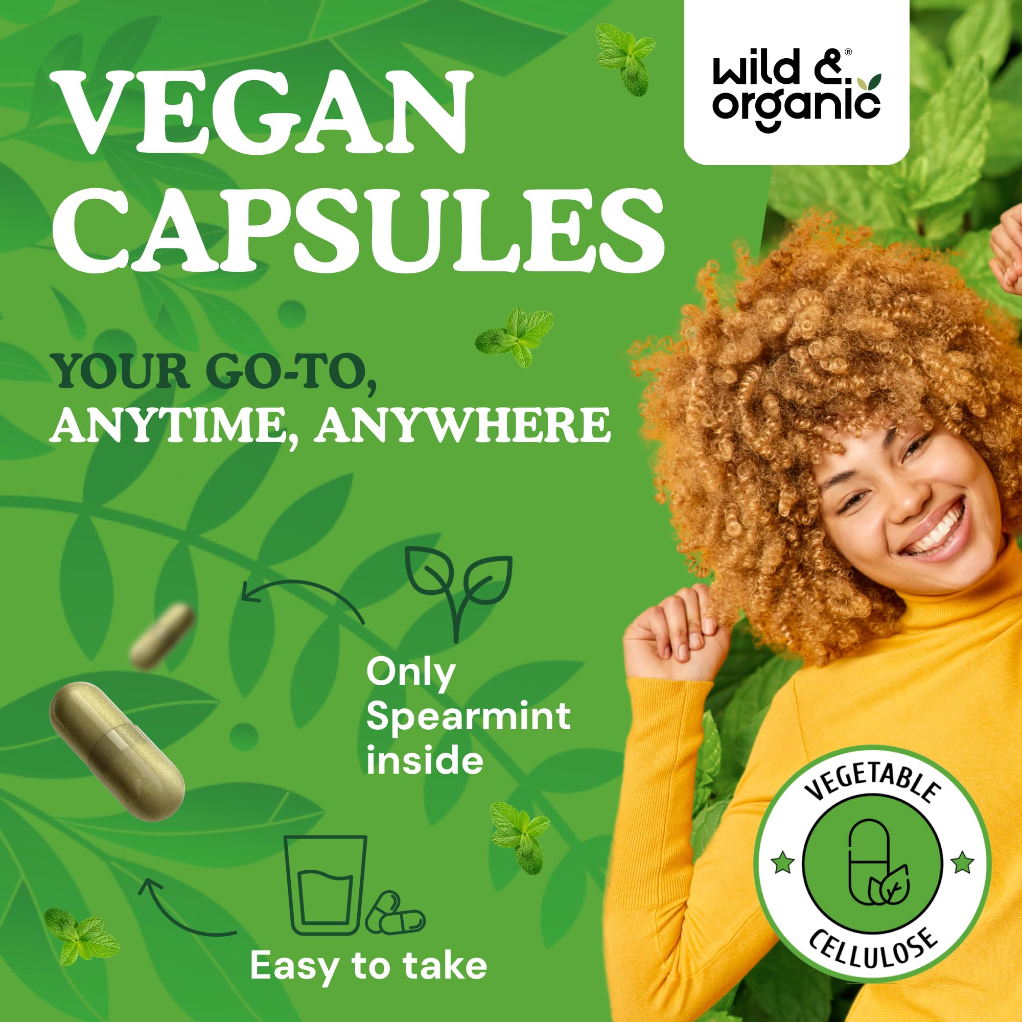 Wild & Organic Spearmint Leaf Capsules 1000mg with capsules displayed