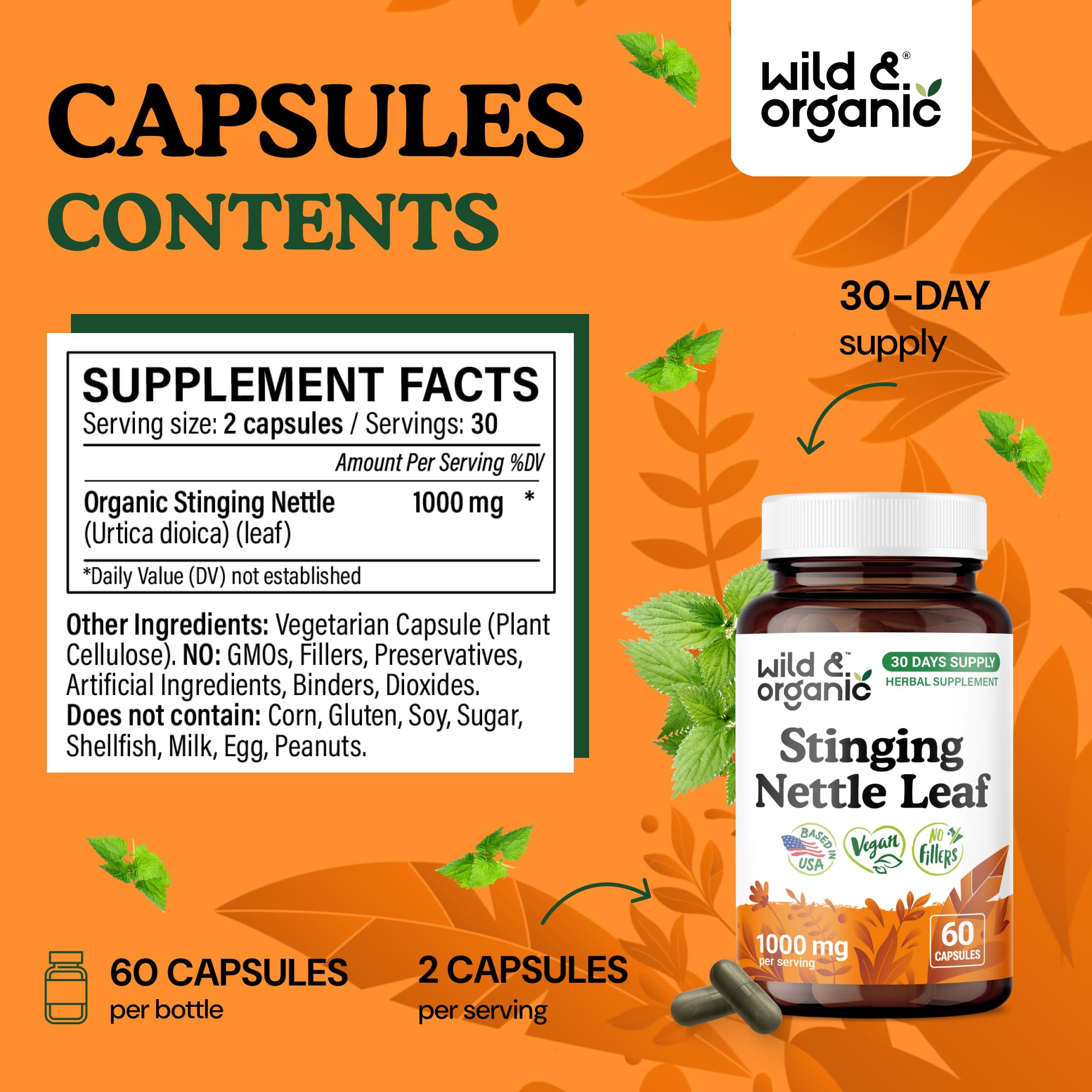 Wild & Organic Stinging Nettle Capsules 1000mg bottle with label
