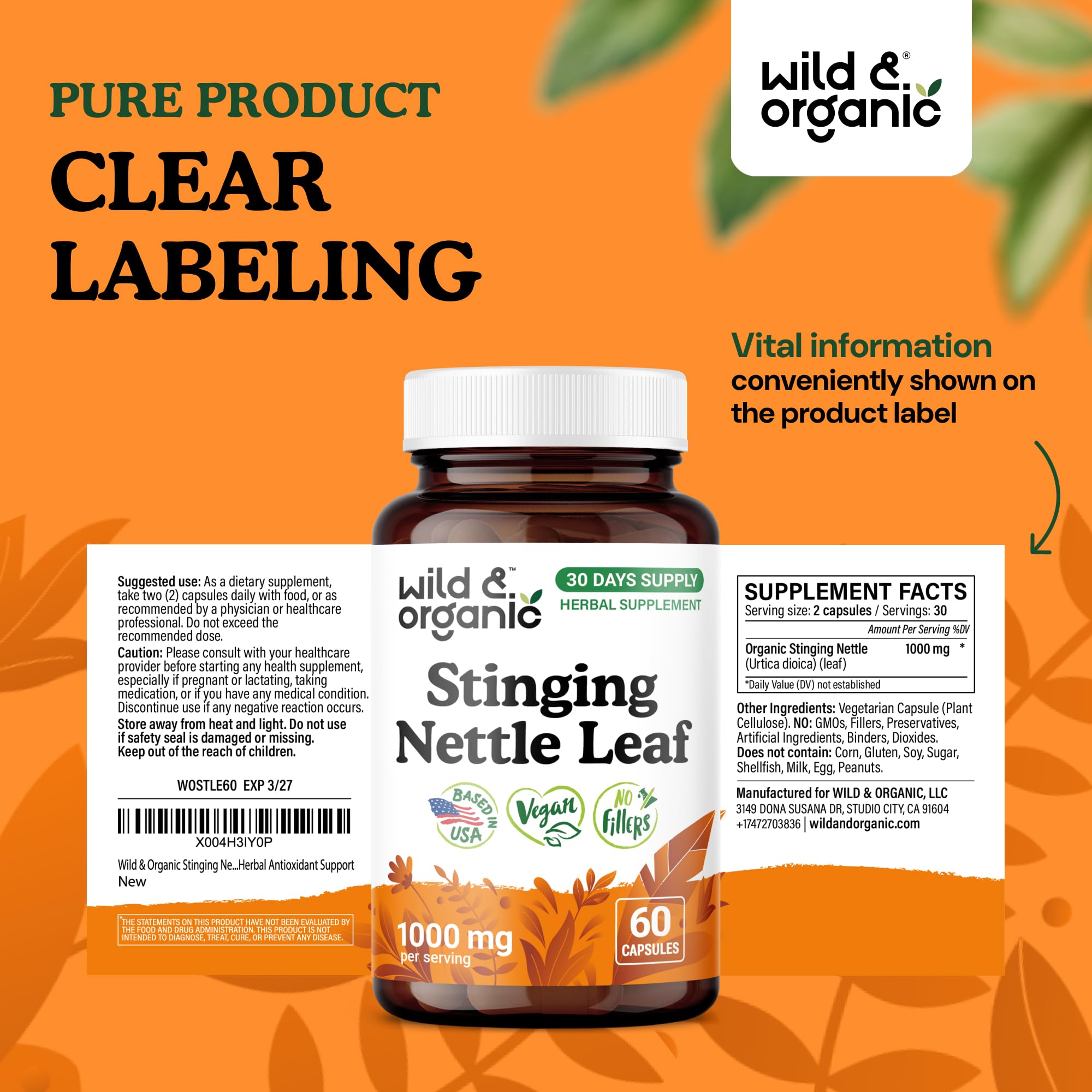 Wild & Organic Stinging Nettle Capsules 1000mg with measuring spoon