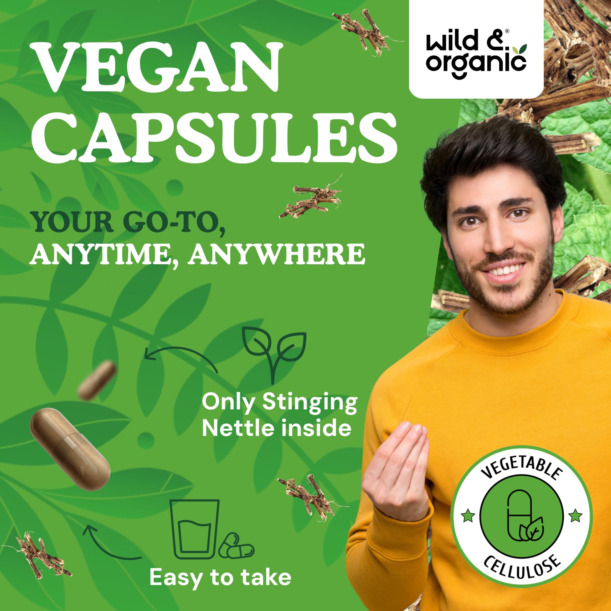 Wild & Organic Stinging Nettle Capsules 500mg capsules close-up