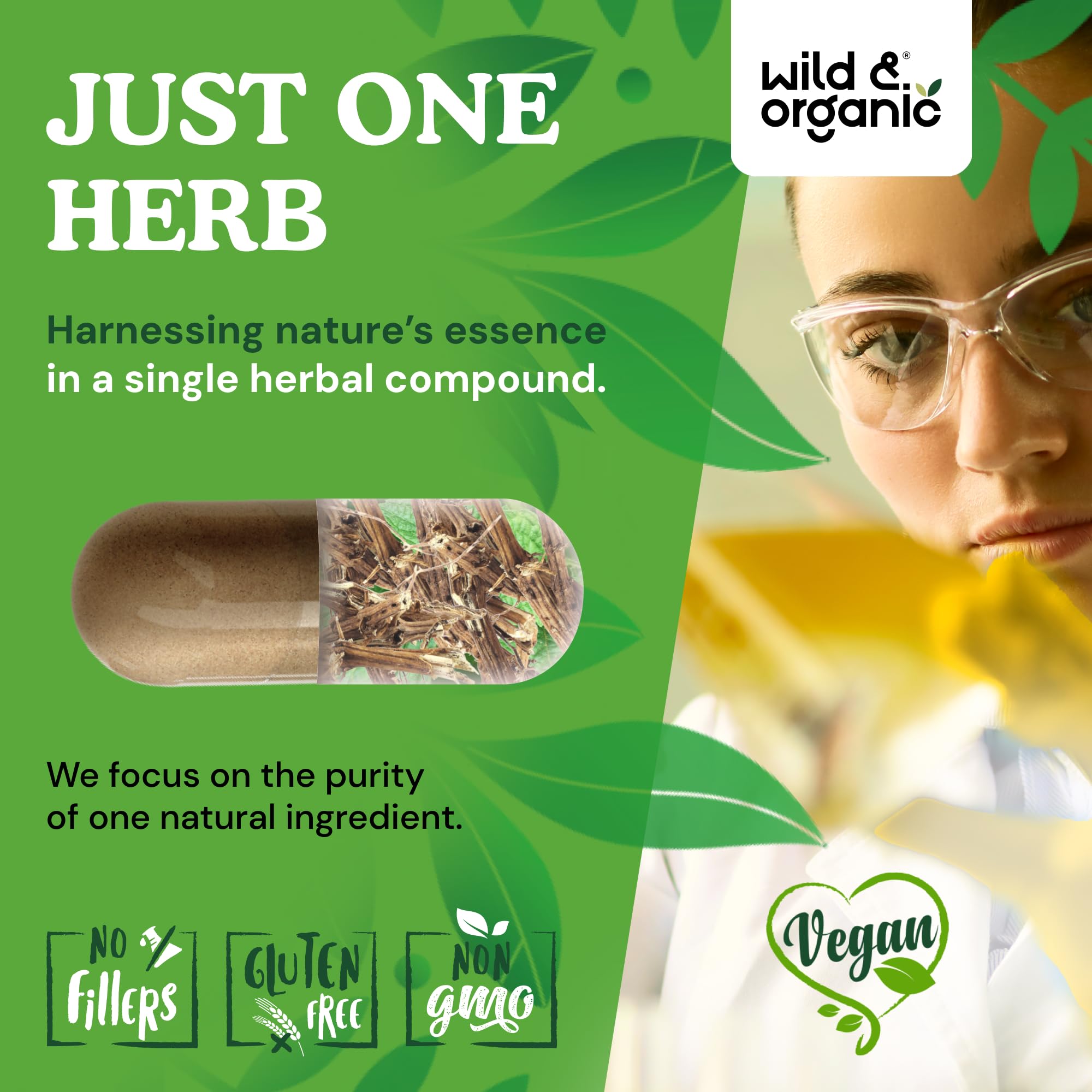 Wild & Organic Stinging Nettle Capsules 500mg on a wooden table