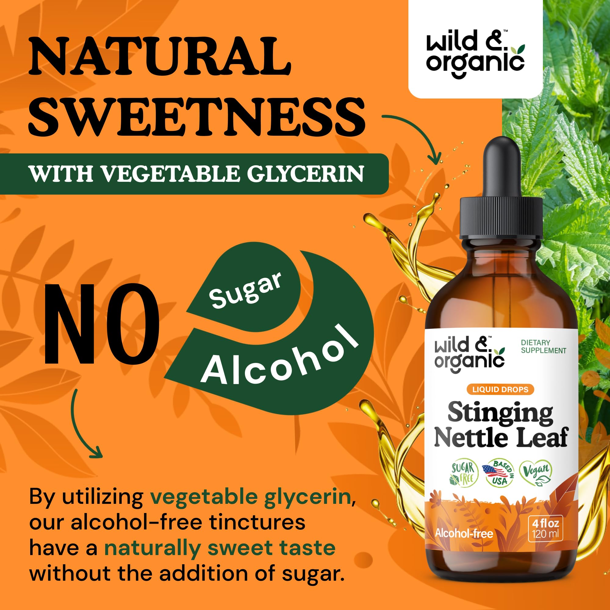 Wild & Organic Stinging Nettle Tincture 600mg on wooden surface
