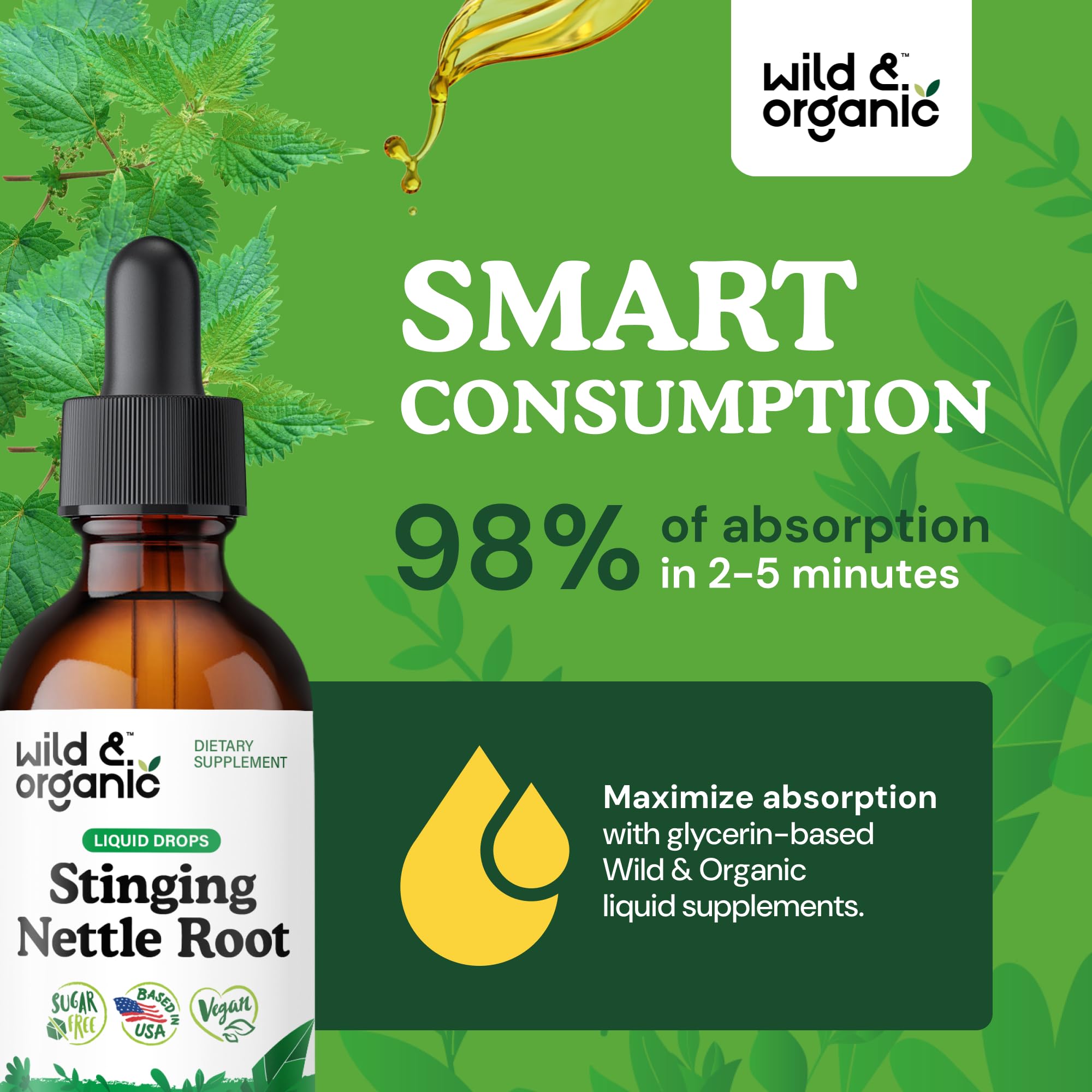 Wild & Organic Stinging Nettle Tincture 600mg with measuring spoon