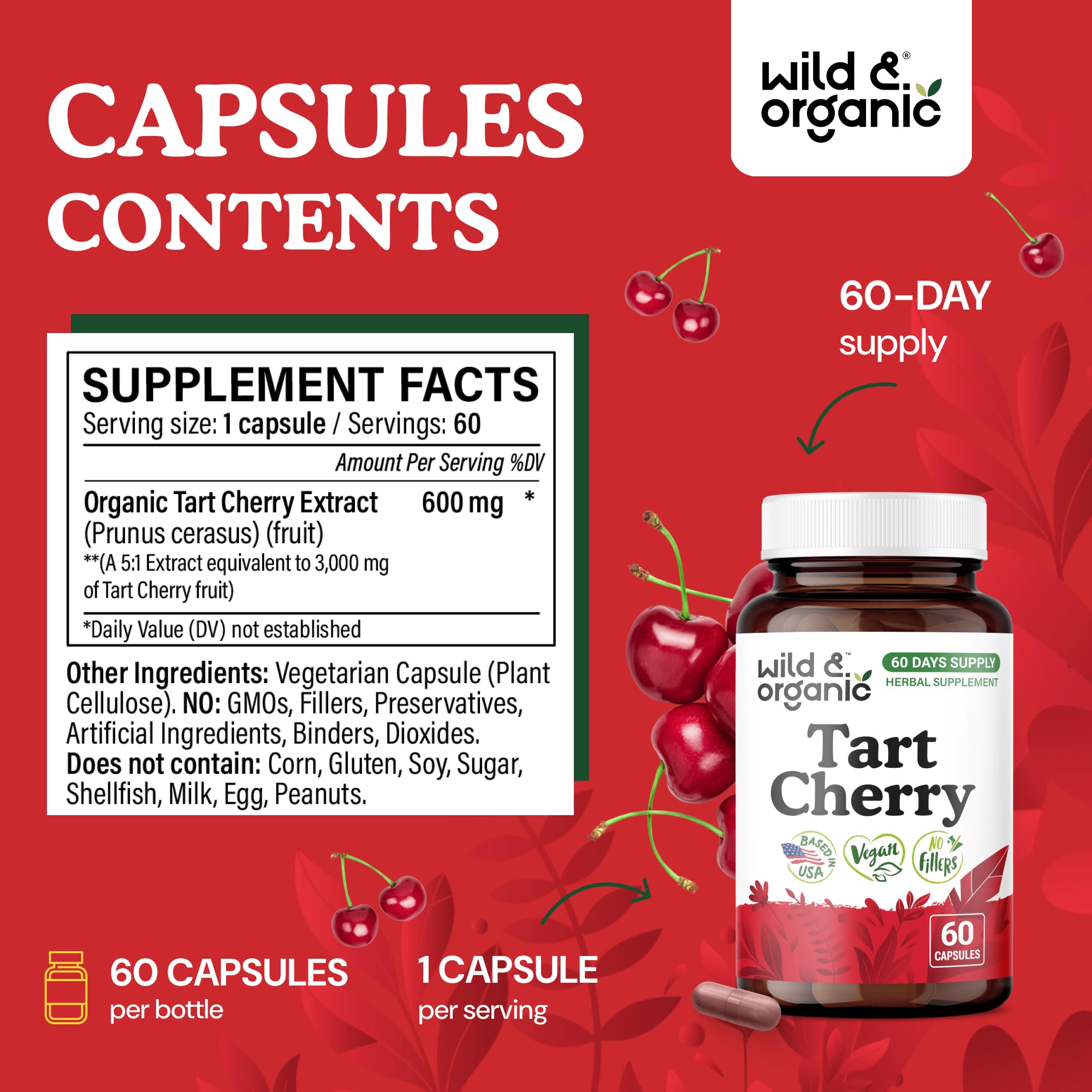 Wild & Organic Tart Cherry Capsules 600mg capsules close-up