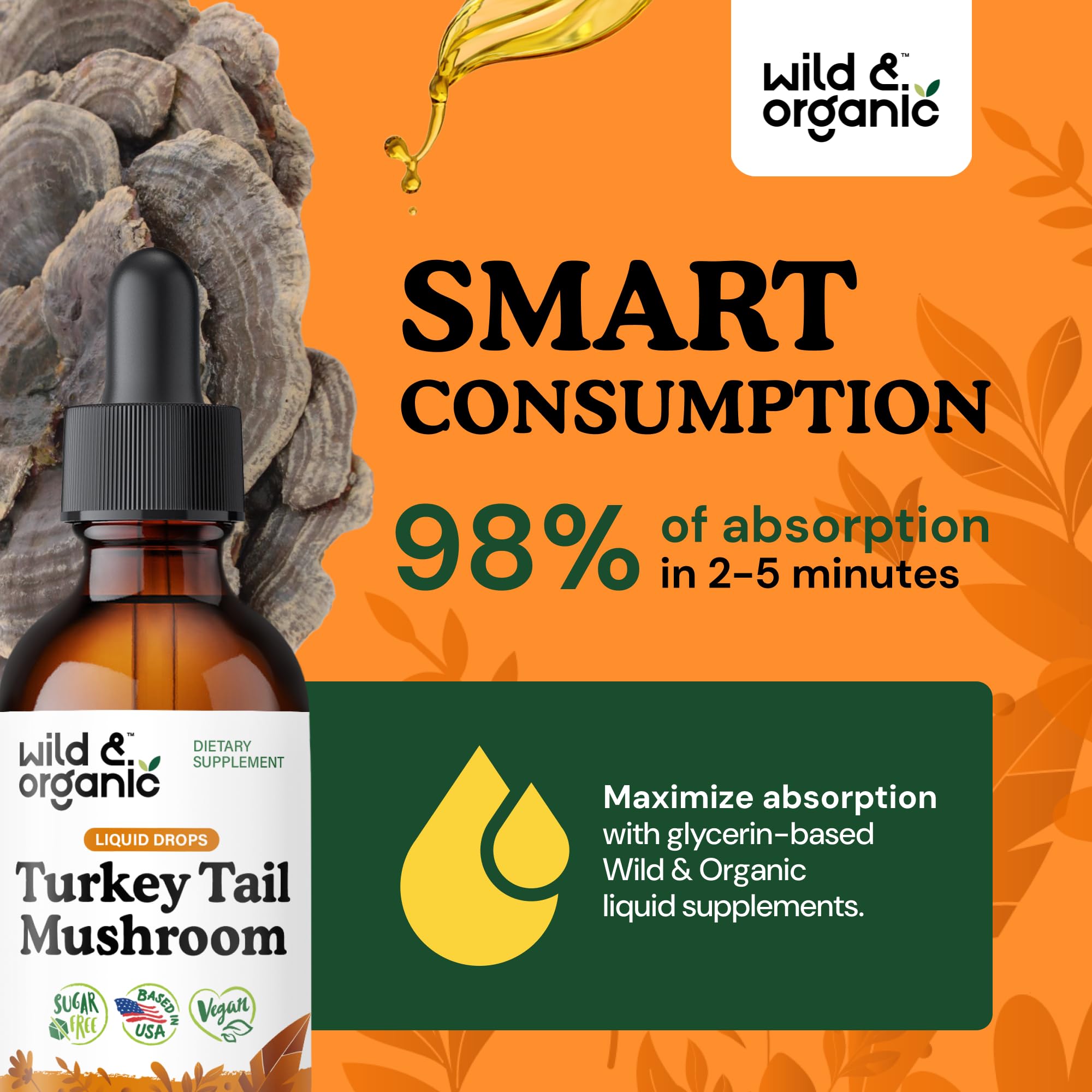 Wild & Organic Turkey Tail Mushroom Tincture with measuring spoon