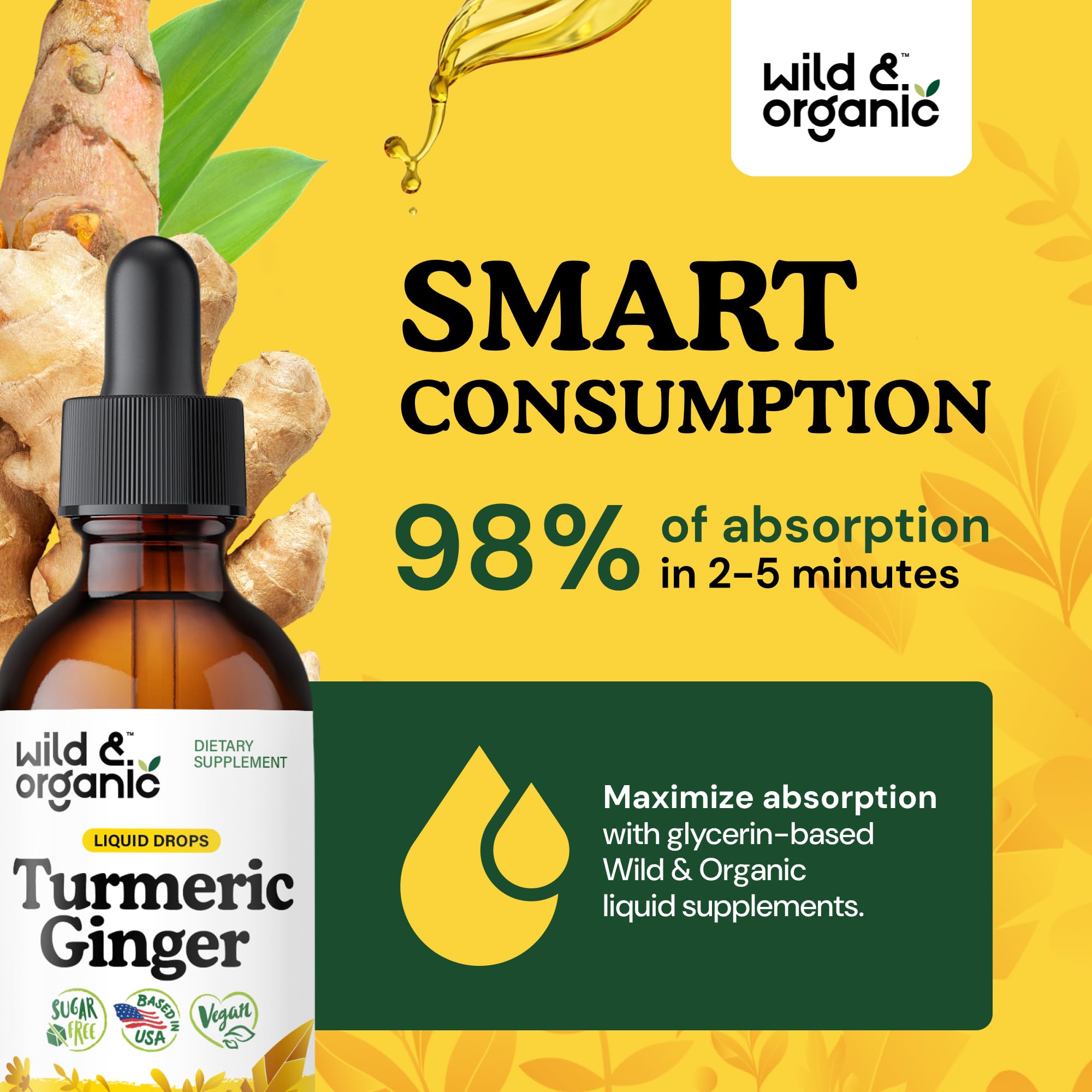 Wild & Organic Turmeric Ginger Black Pepper Supplement on a wooden table