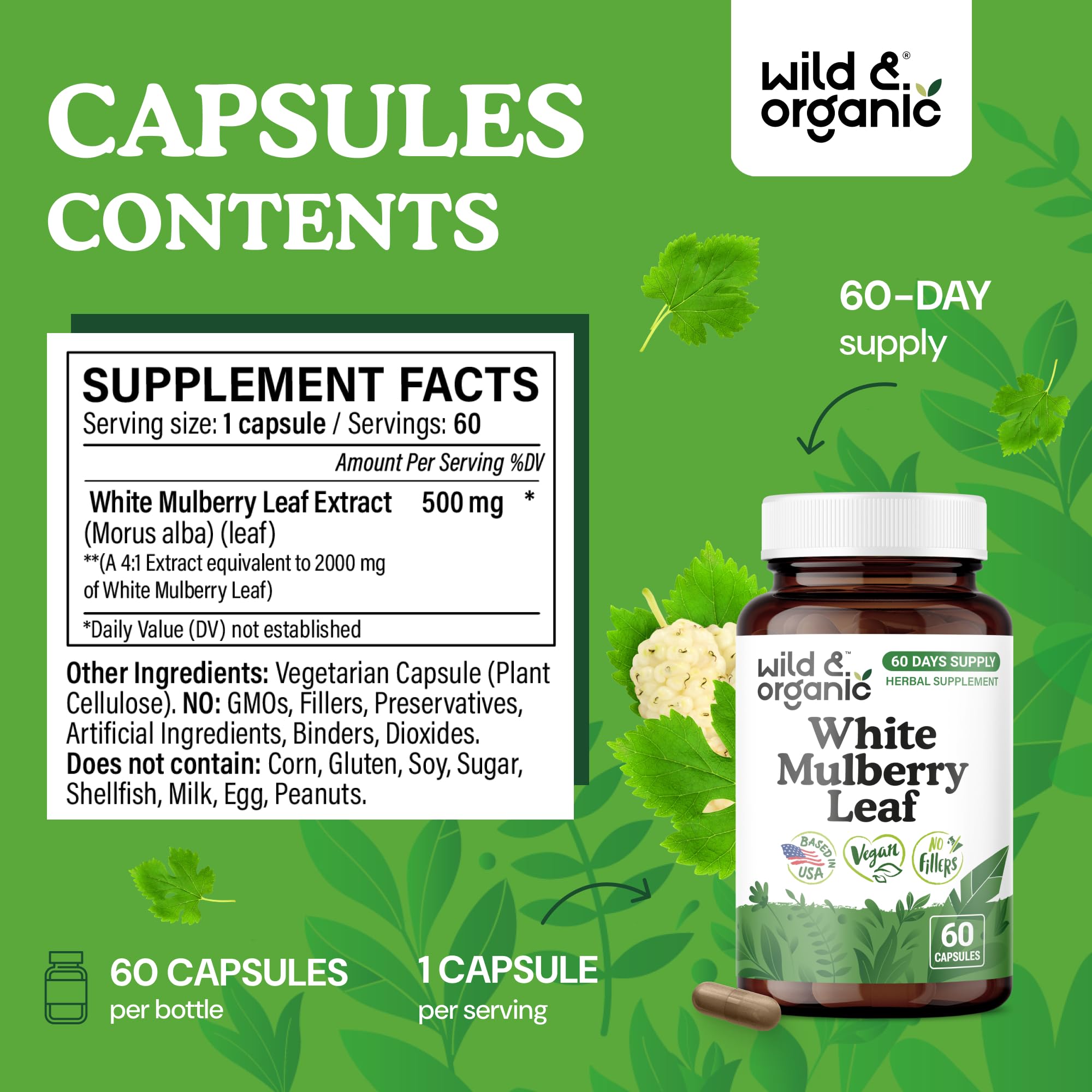 Wild & Organic White Mulberry Capsules 500mg with capsules displayed