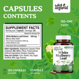 Wild & Organic White Mulberry Leaf Capsules open bottle with capsules visible