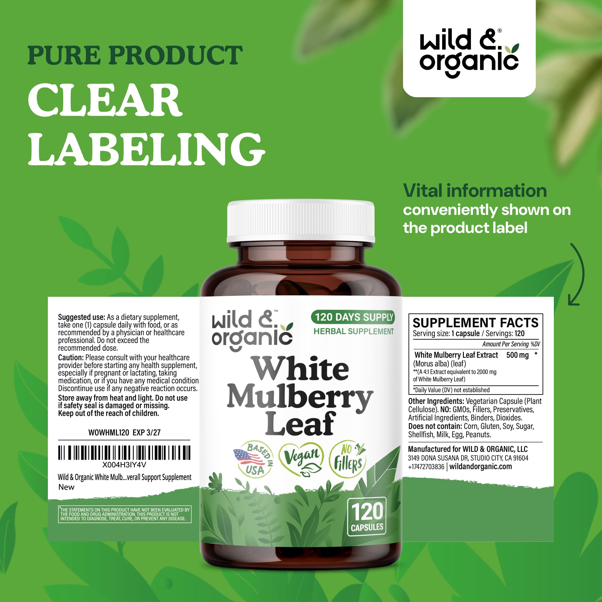 Wild & Organic White Mulberry Leaf Capsules packaging details