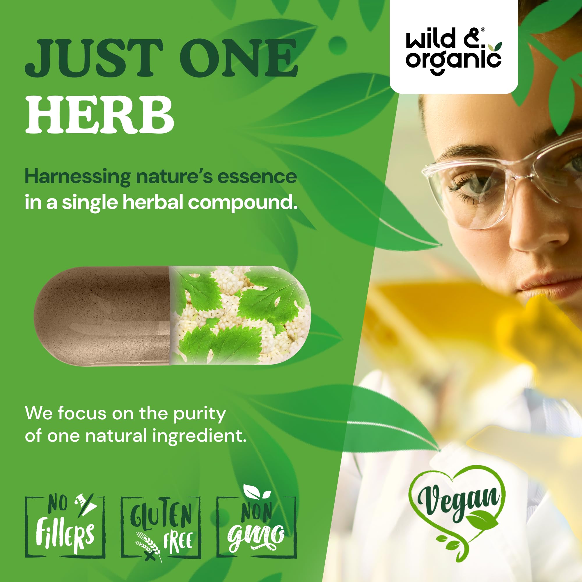 Wild & Organic White Mulberry Leaf Capsules with green leaves in background
