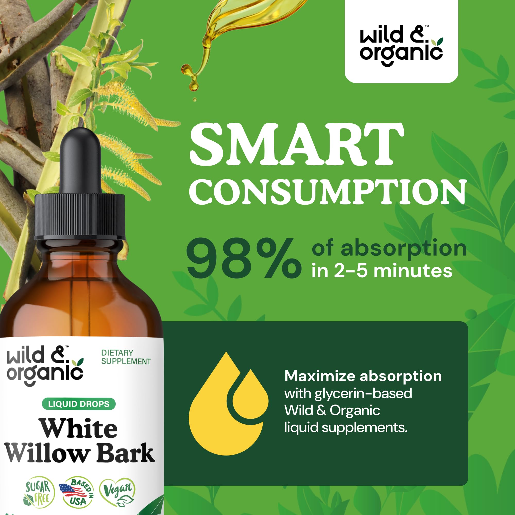 Wild & Organic White Willow Bark Tincture with measuring dropper