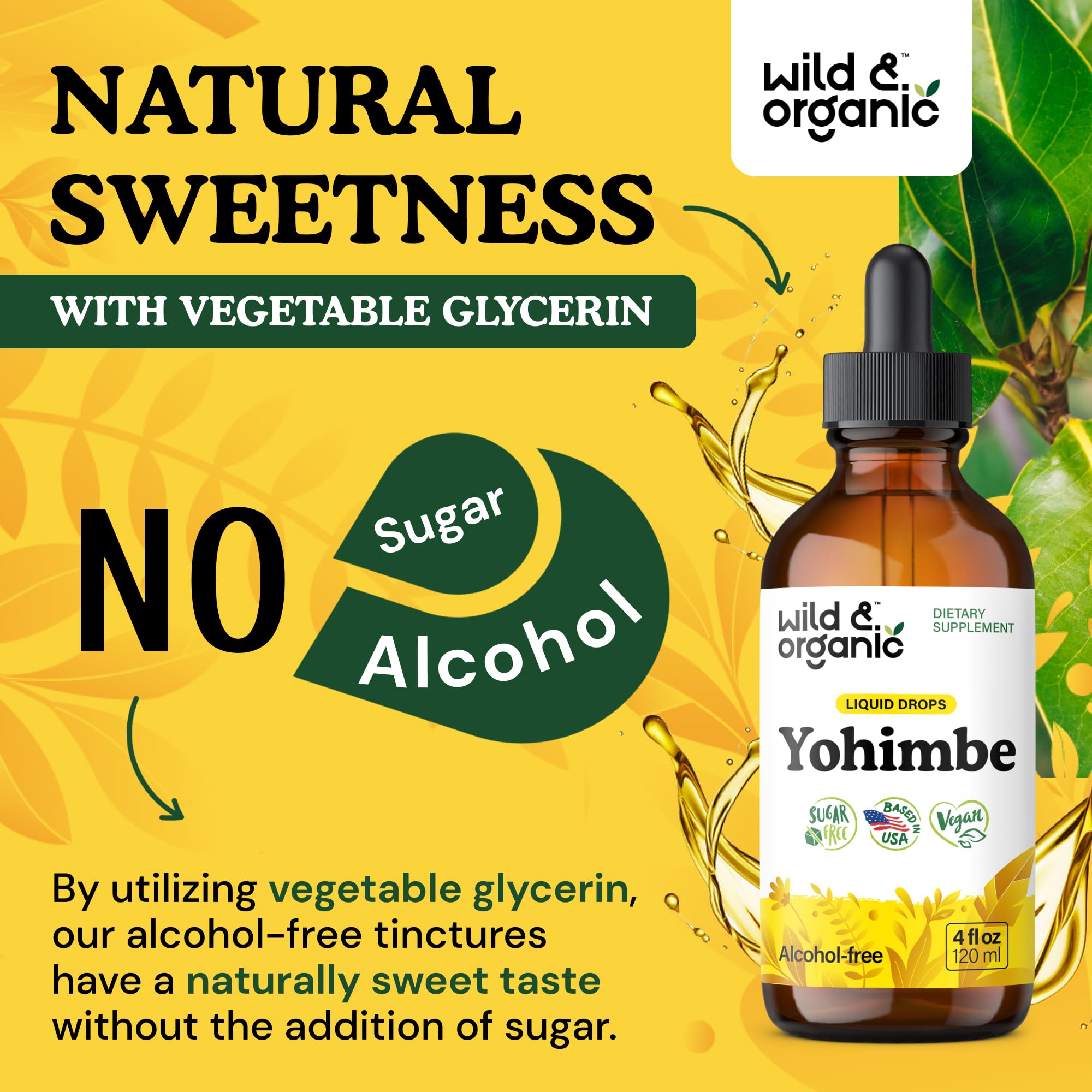 Wild & Organic Yohimbe Drops bottle with fresh herbs