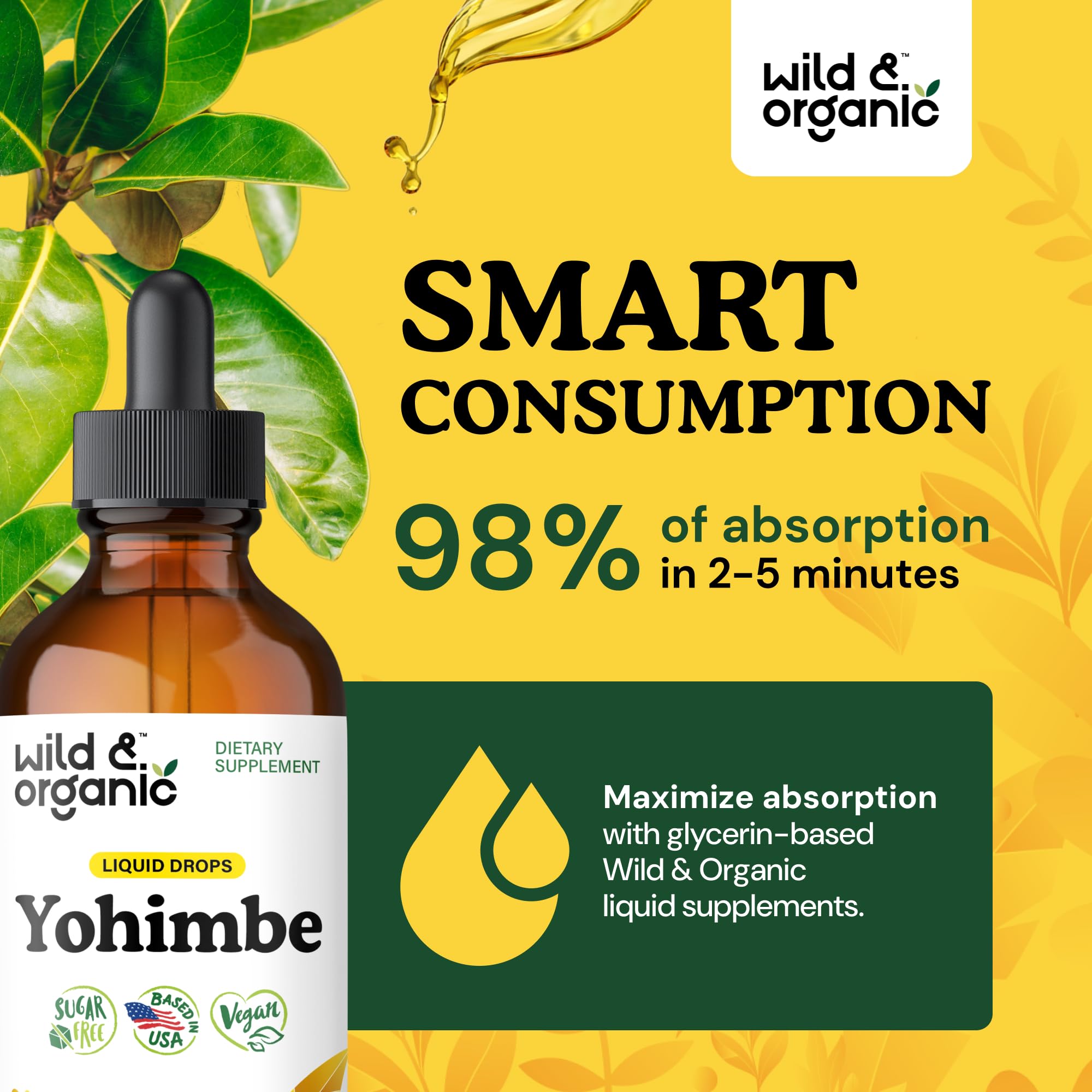 Wild & Organic Yohimbe Drops on wooden background