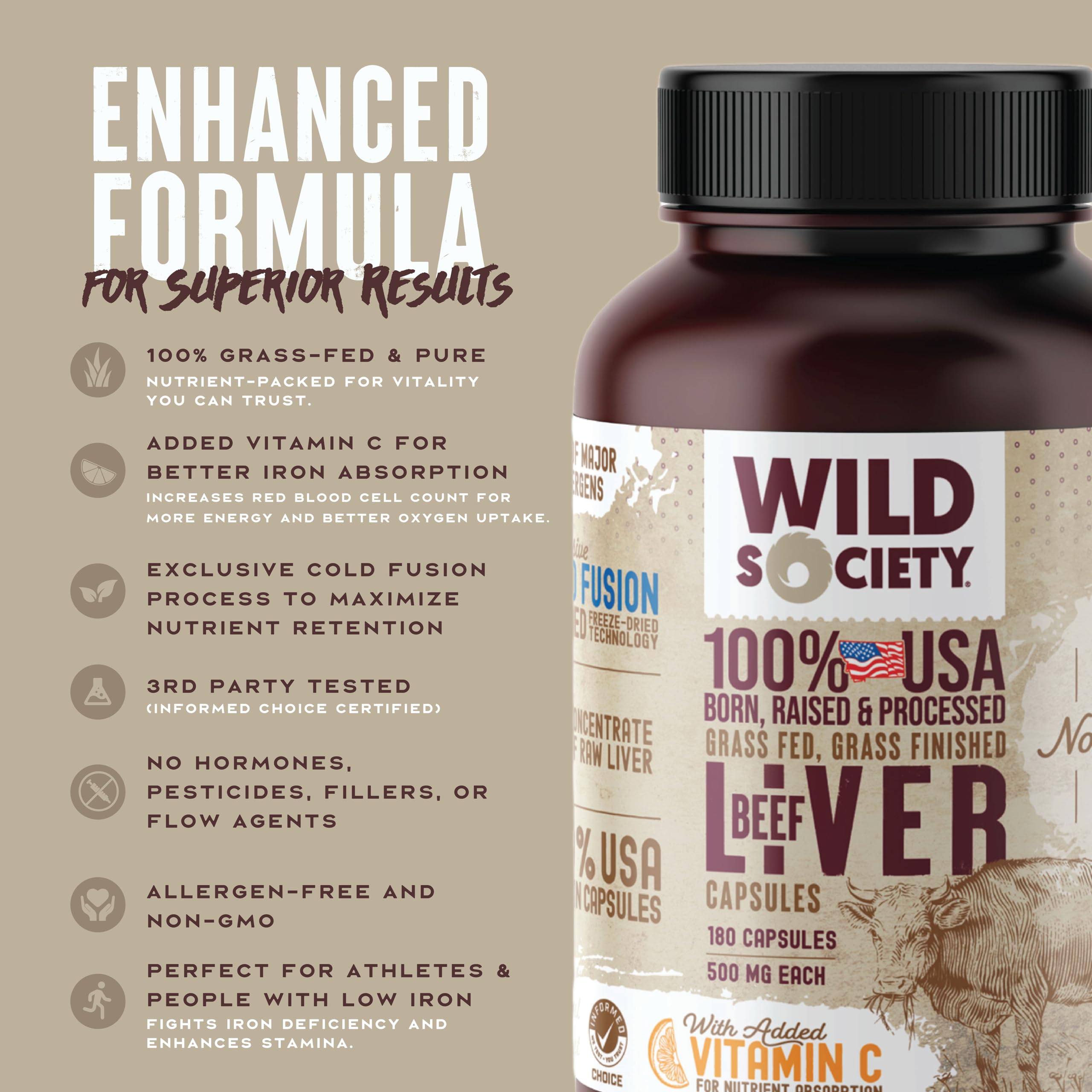 WILD SOCIETY Beef Liver Capsules 3000MG back view with ingredient list