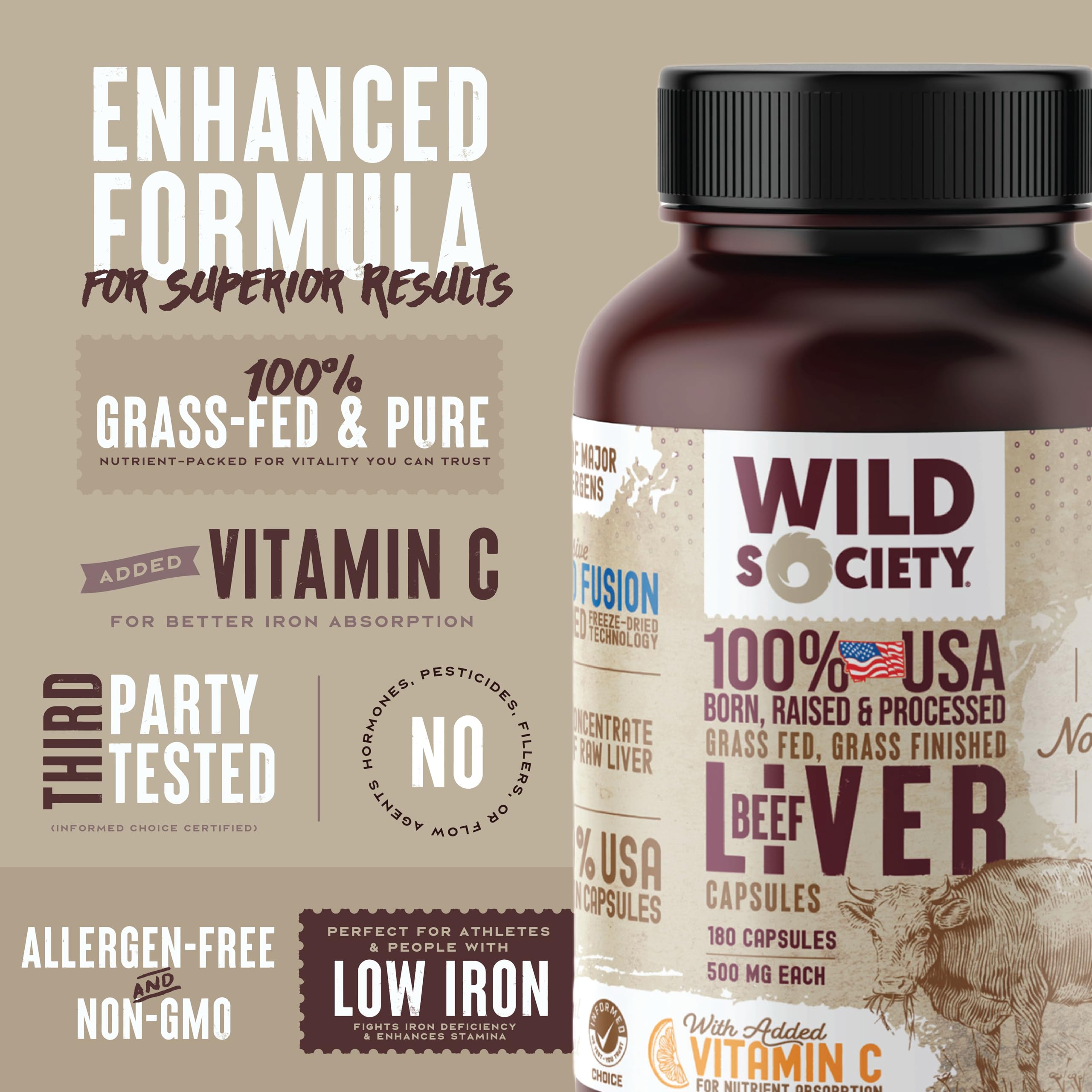 WILD SOCIETY Beef Liver Capsules 3000MG close-up of capsules