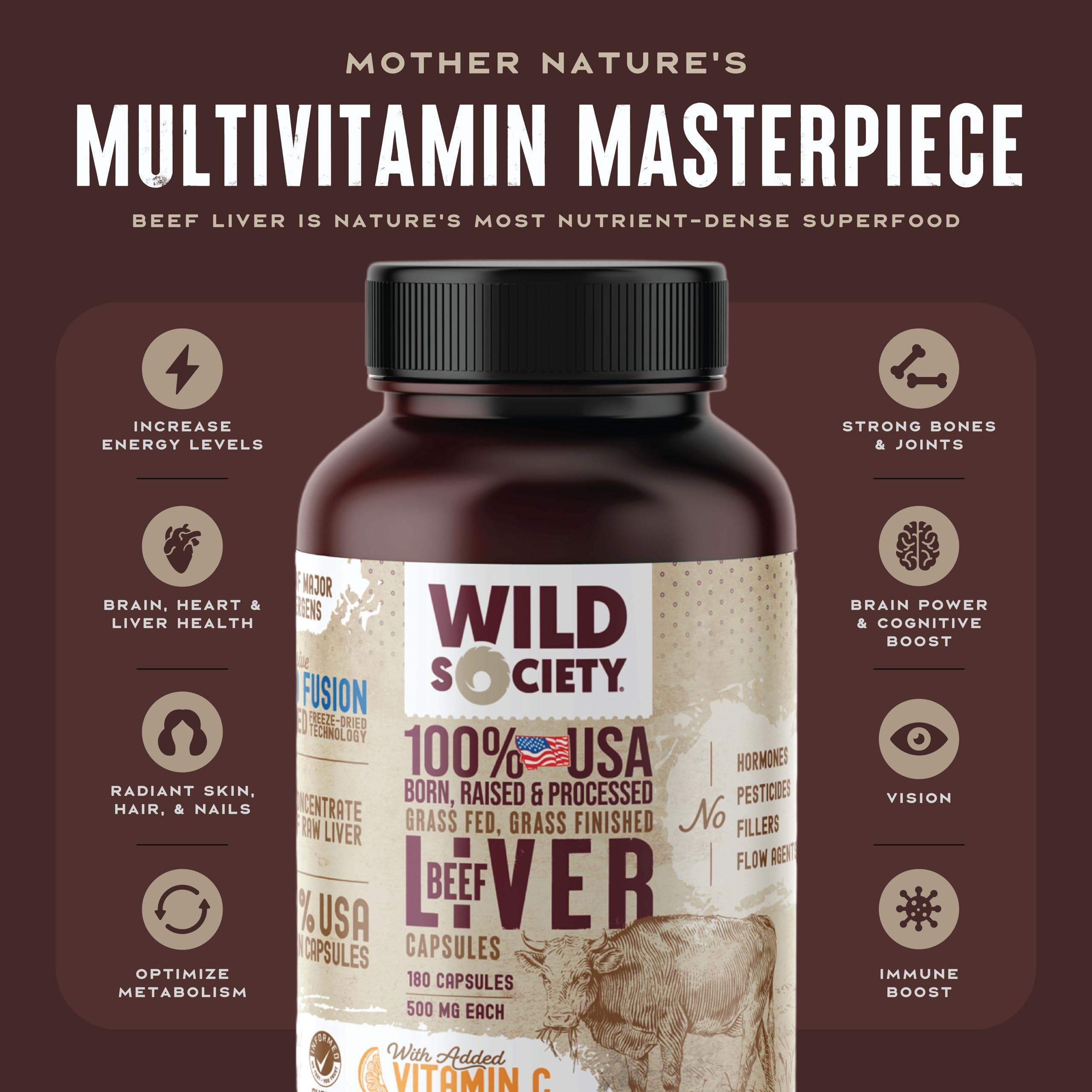 WILD SOCIETY Beef Liver Capsules 3000MG side view showing capsule