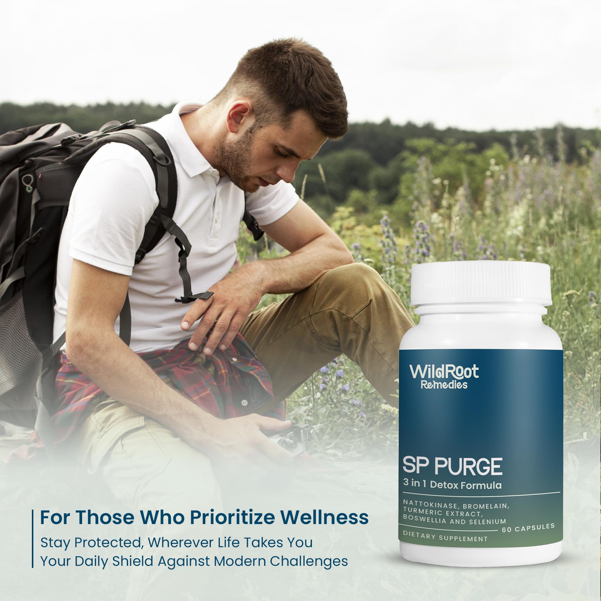 WildRoot Remedies SP Purge bottle with a glass of water