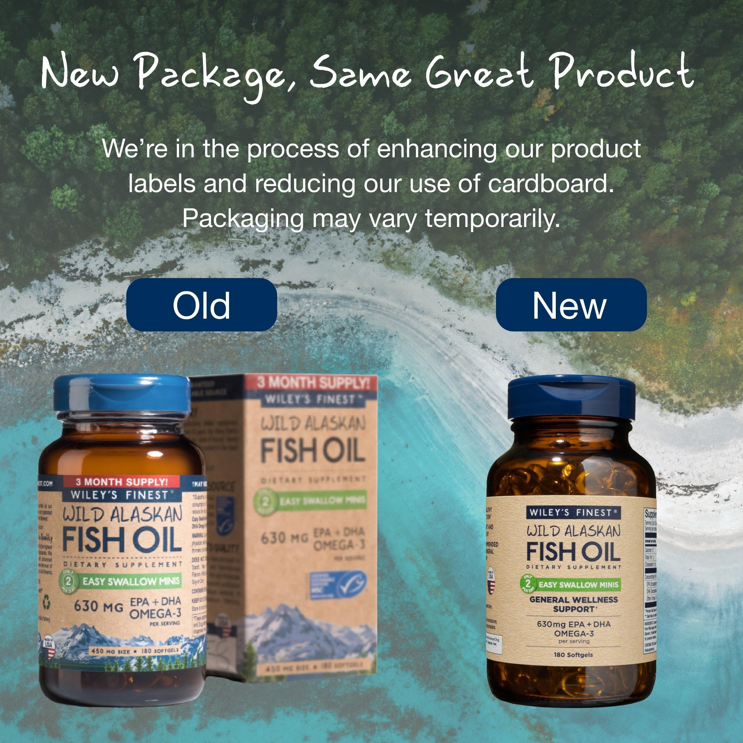 Wiley's Finest Easy Swallow Minis Omega-3 Fish Oil softgels with a glass of water