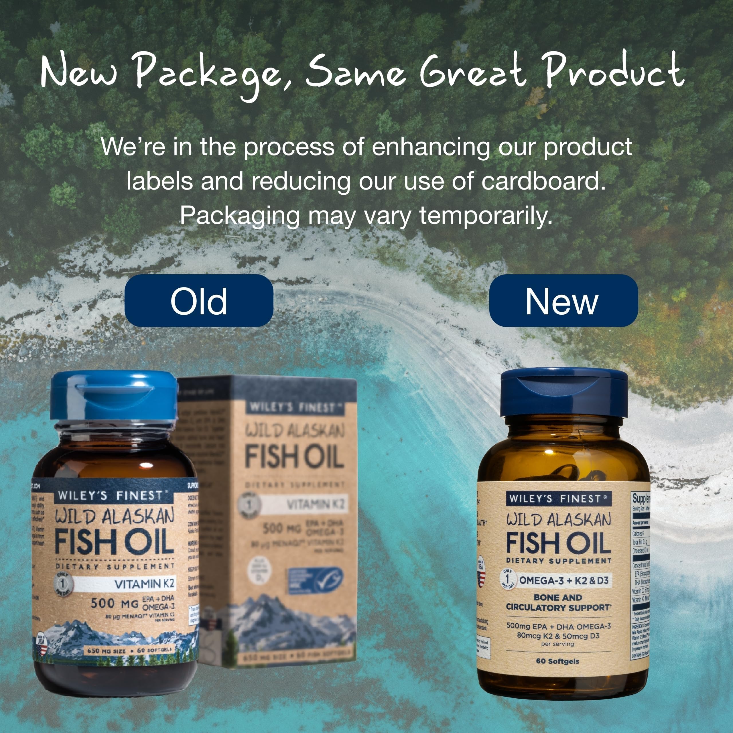 Wiley's Finest Omega-3 Fish Oil bottle with fresh ingredients