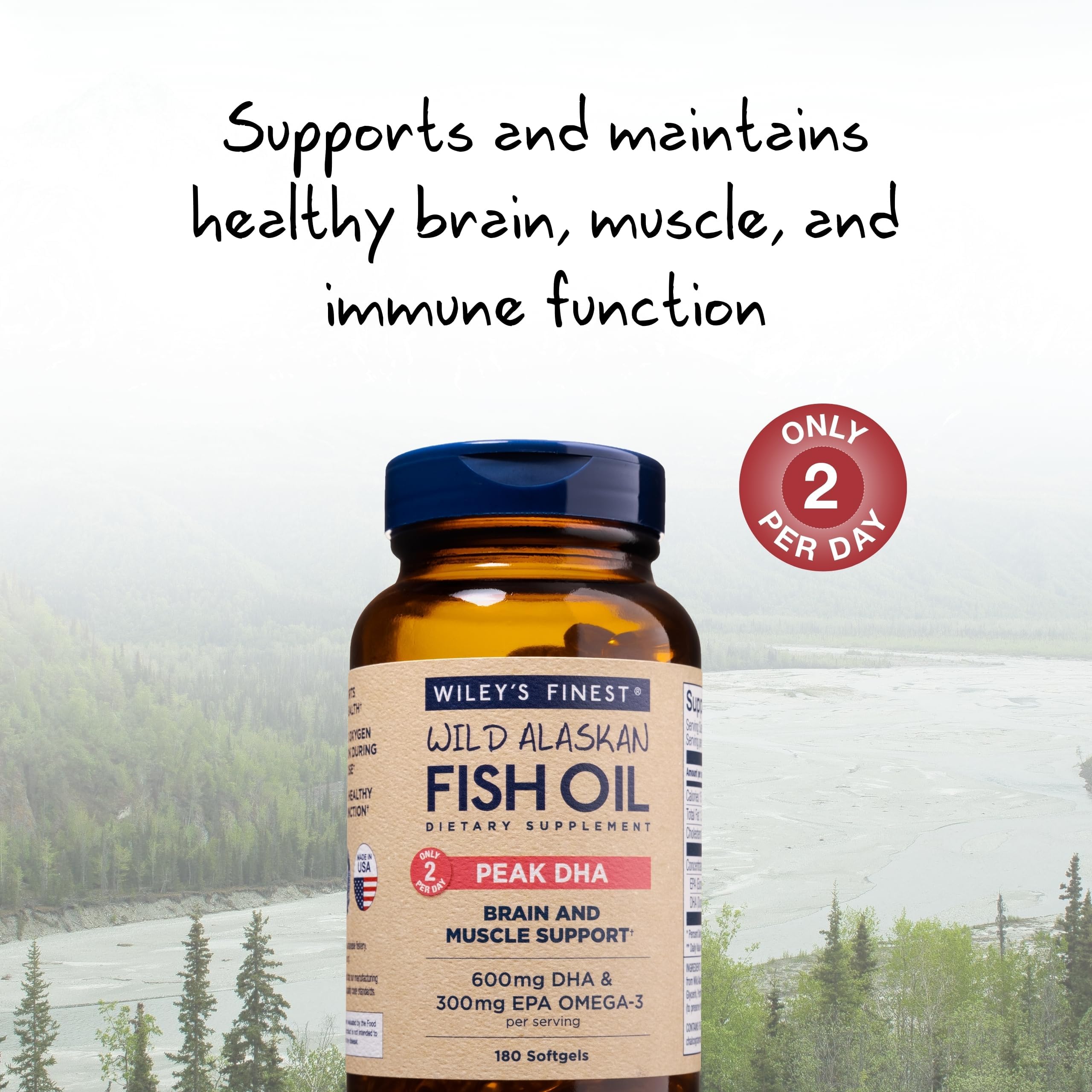 Wiley's Finest Peak DHA Omega-3 Fish Oil Supplement bottle side view