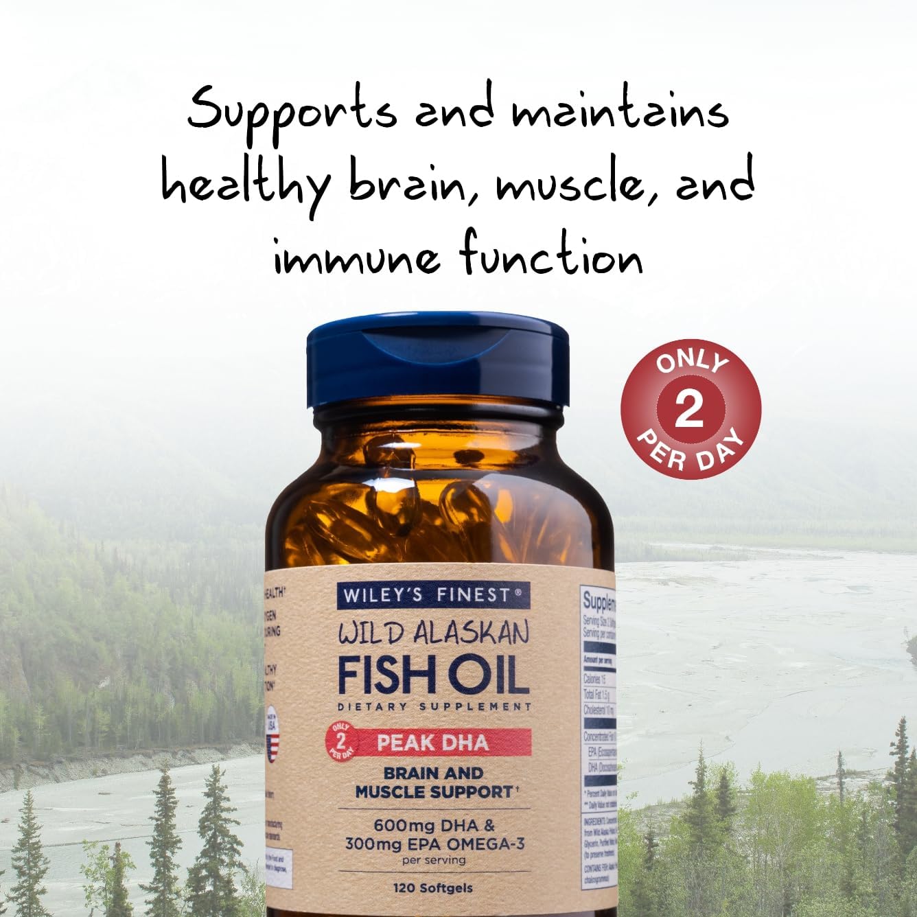 Wiley's Finest Peak DHA Omega-3 Fish Oil Supplement bottle with cap