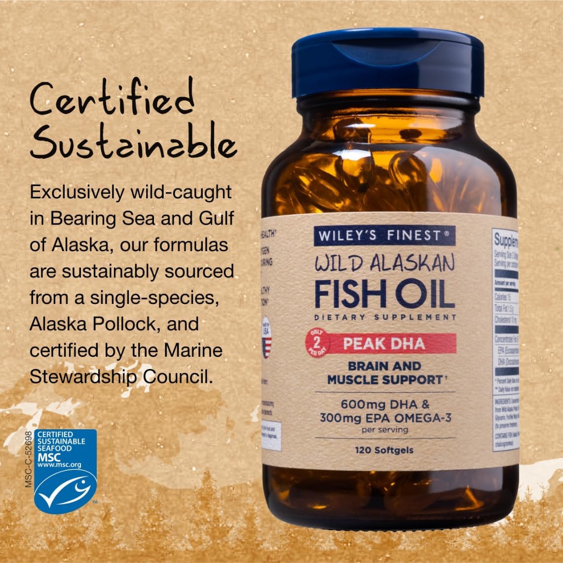Wiley's Finest Peak DHA Omega-3 Fish Oil Supplement capsules on a table