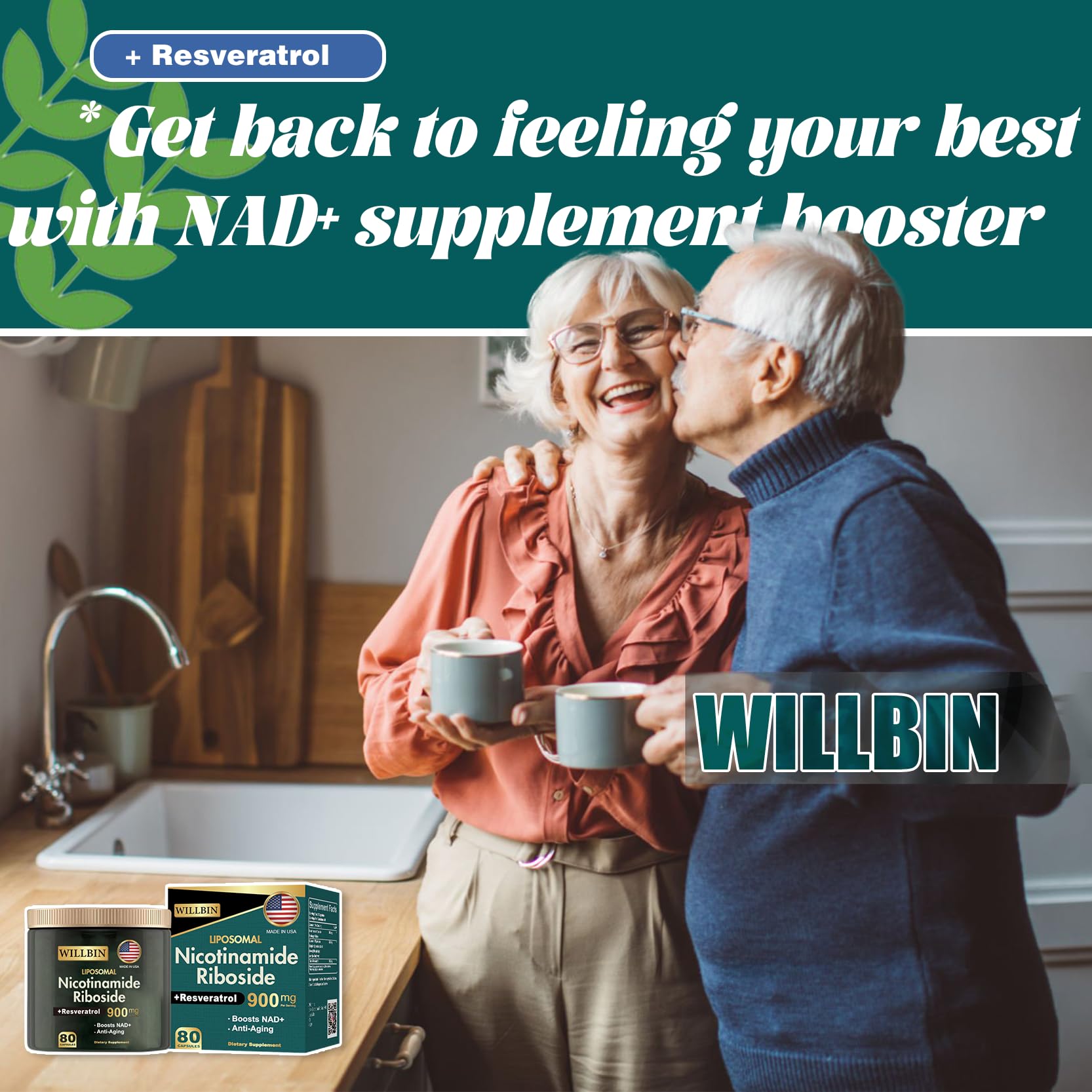 Willbin Resveratrol 900mg NAD+ Formula bottle with natural background