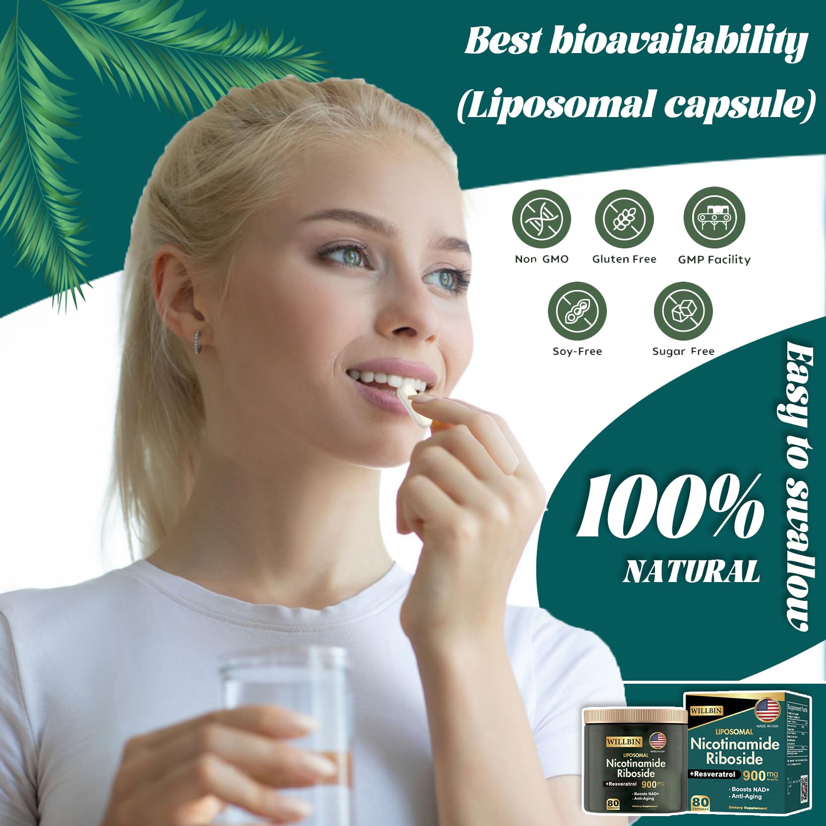 Willbin Resveratrol 900mg NAD+ Formula capsules on a wooden surface