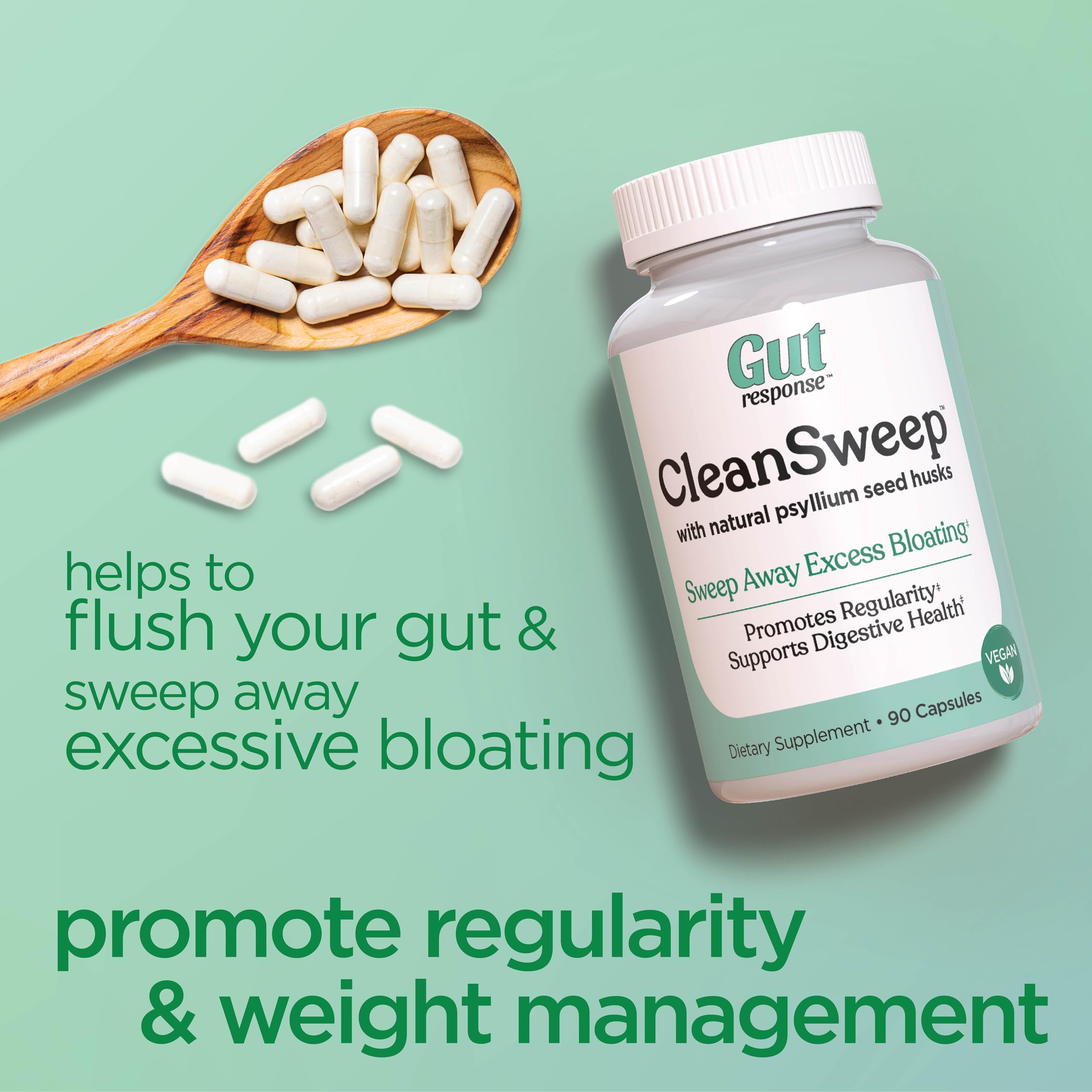 Windmill Gut Response CleanSweep 500mg psyllium capsules on a table