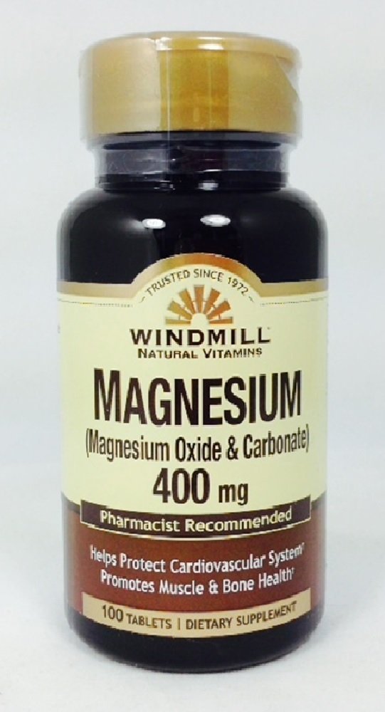 Windmill Magnesium 400 mg Tablets front view, 100g packaging
