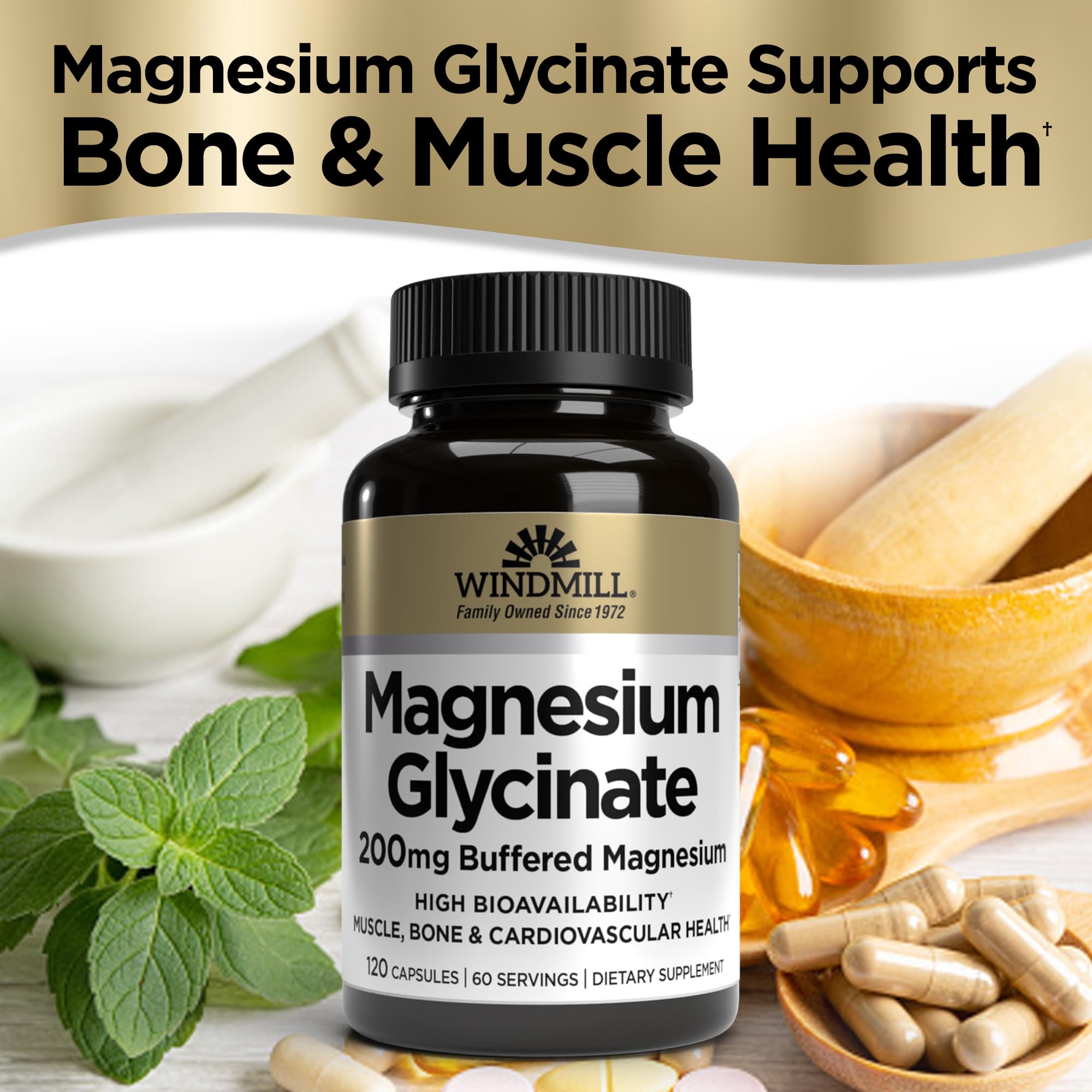 Windmill Magnesium Glycinate 200mg capsule bottle with label